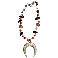 White Turquoise, Red Coral Golden Quartz Long Beaded Crescent Moon Necklace 