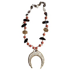 White Turquoise, Red Coral Golden Quartz Long Beaded Crescent Moon Necklace
