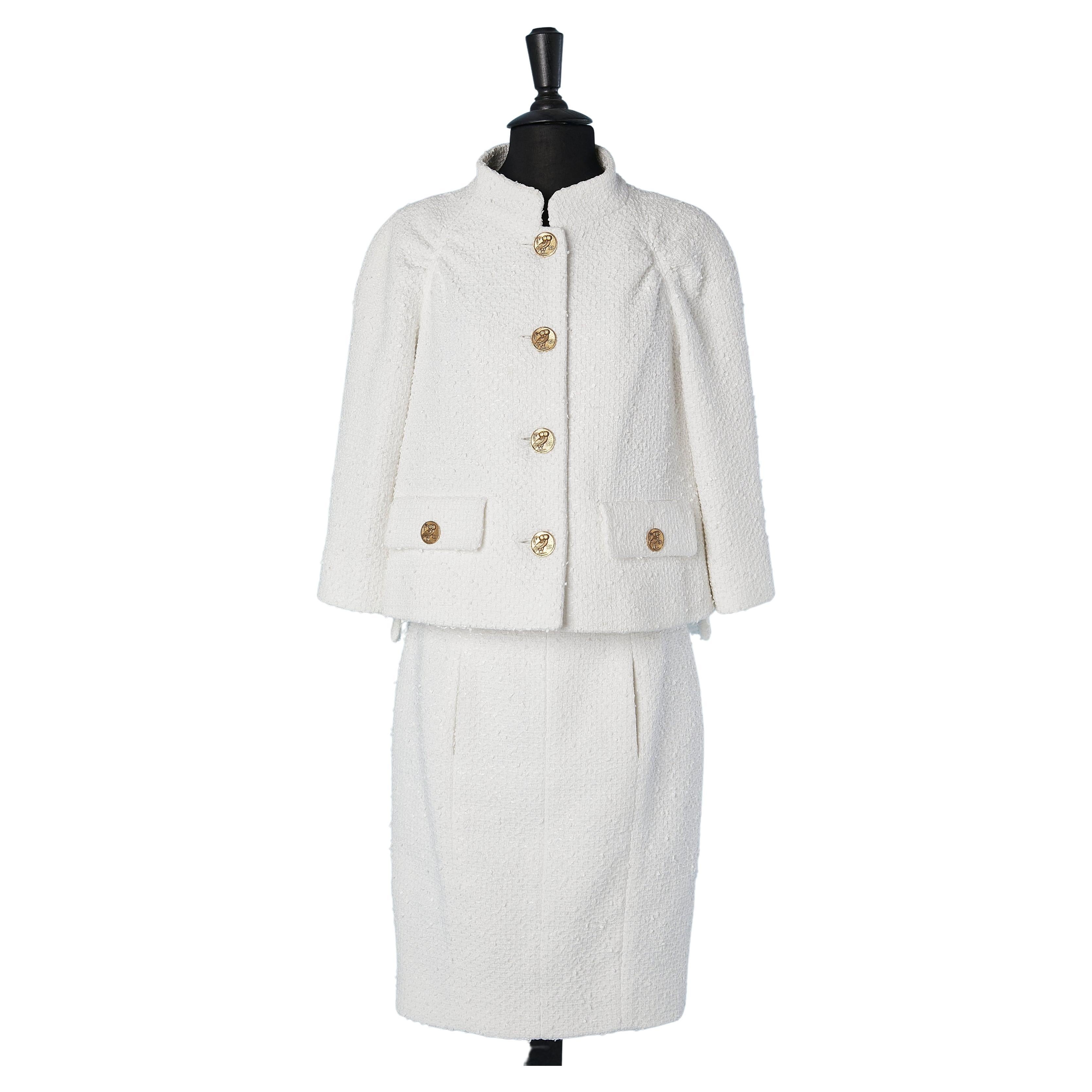 White tweed skirt- suit with owl 's branded button Chanel  For Sale
