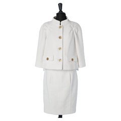 Vintage CHANEL 2PC Set Suit White Tweed Blue Black Silk Stripe Jacket Skirt  38 6