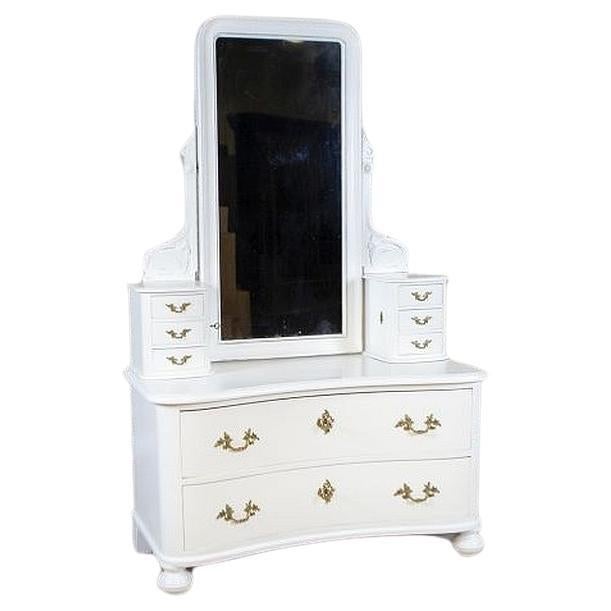 White Two-Piece Mahogany Wood and Veneer Dresser With Tilt Mirror Circa 1900