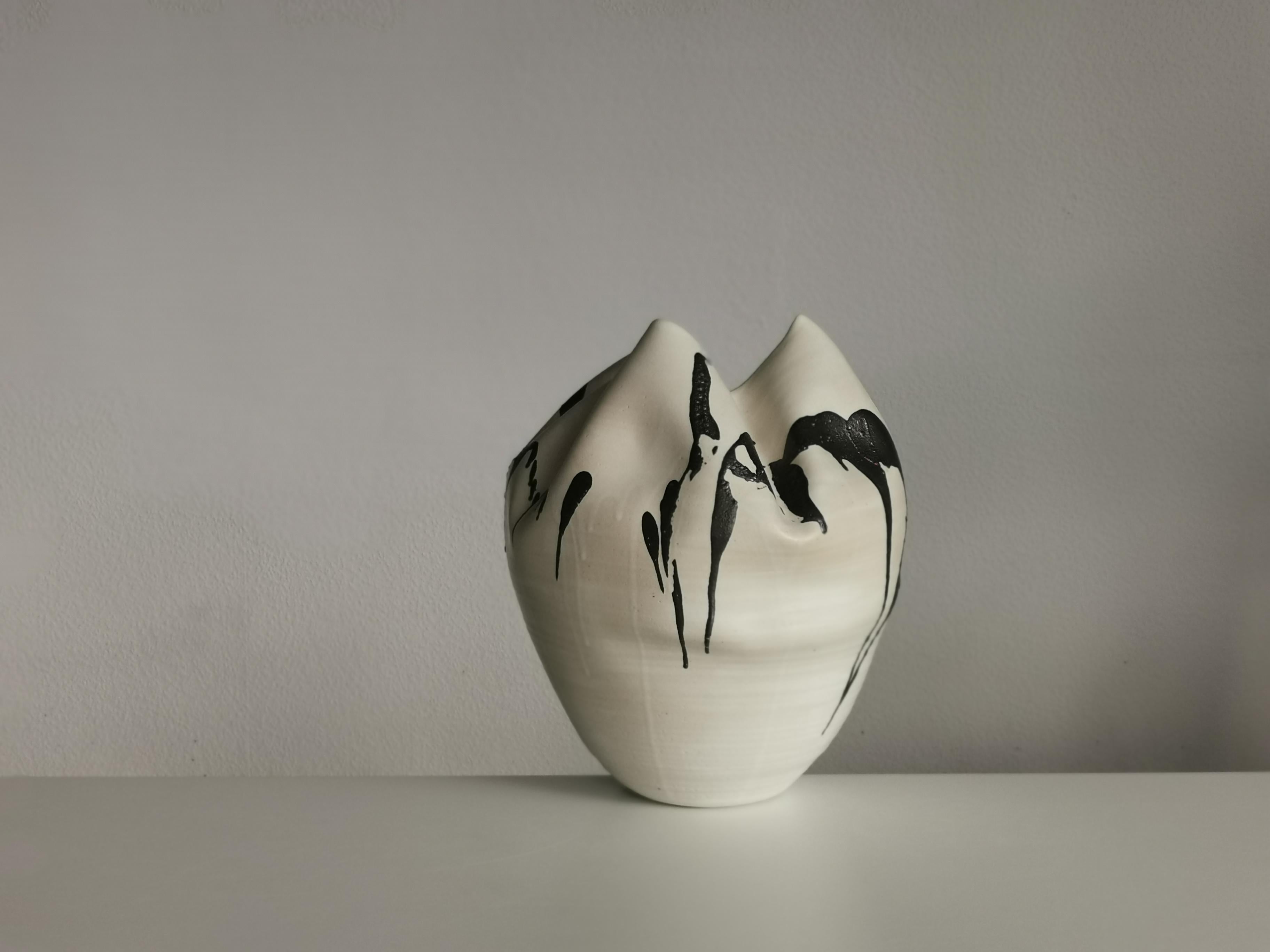 Organic Modern White Undulating Form Expressive Markings, Unique Ceramic Sculpture Vessel N.79