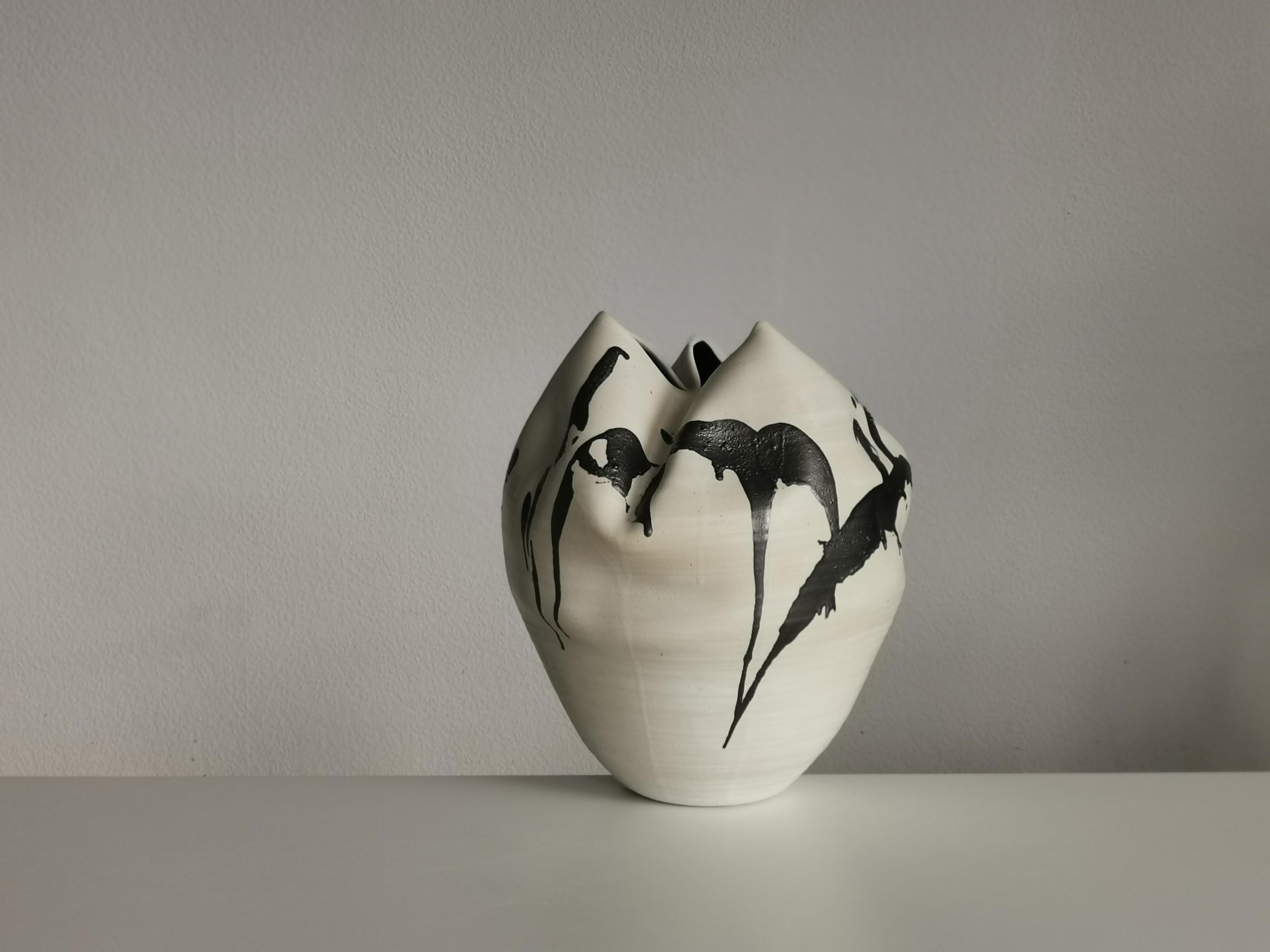 Spanish White Undulating Form Expressive Markings, Unique Ceramic Sculpture Vessel N.79