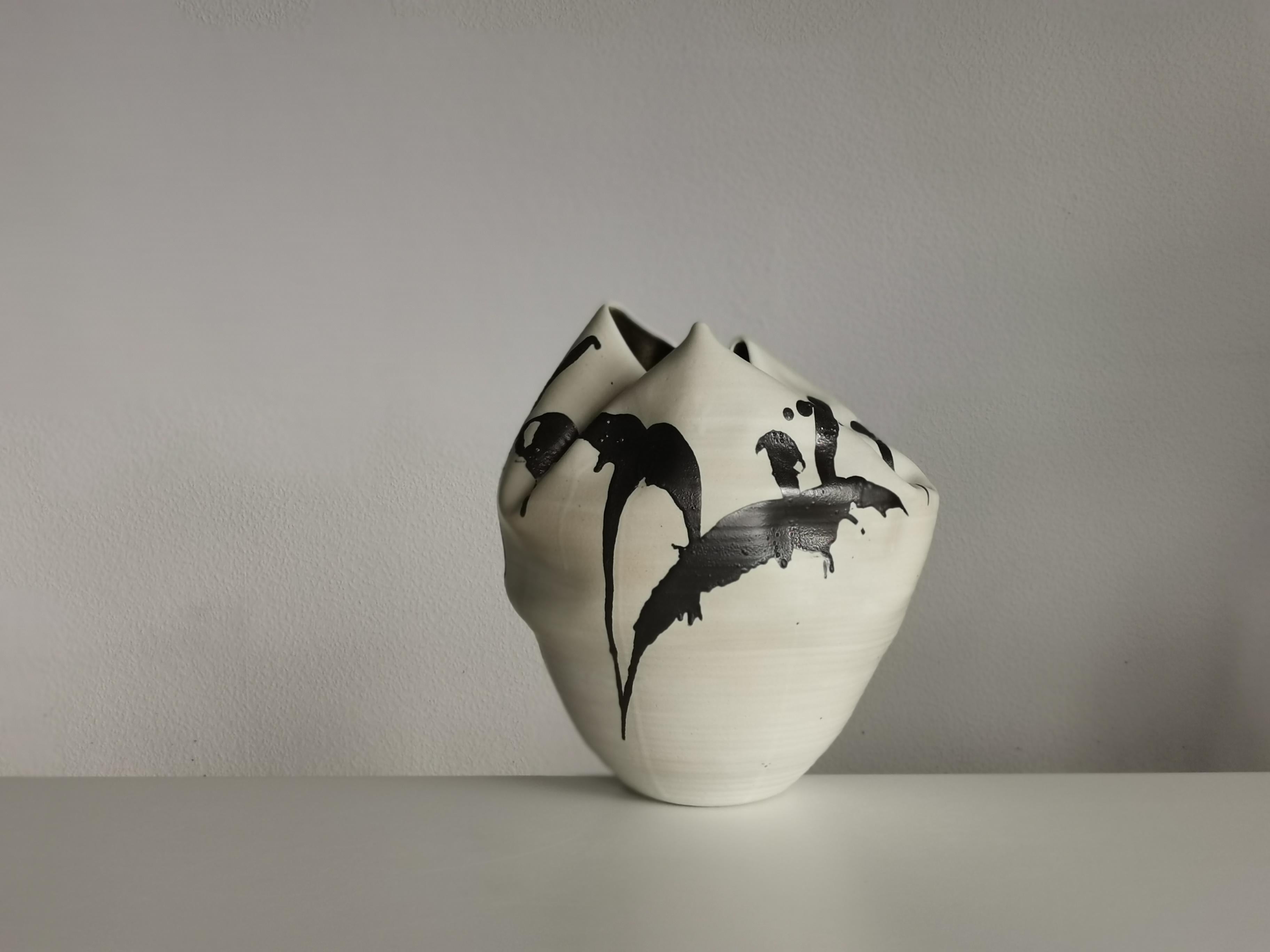 Other White Undulating Form Expressive Markings, Unique Ceramic Sculpture Vessel N.79