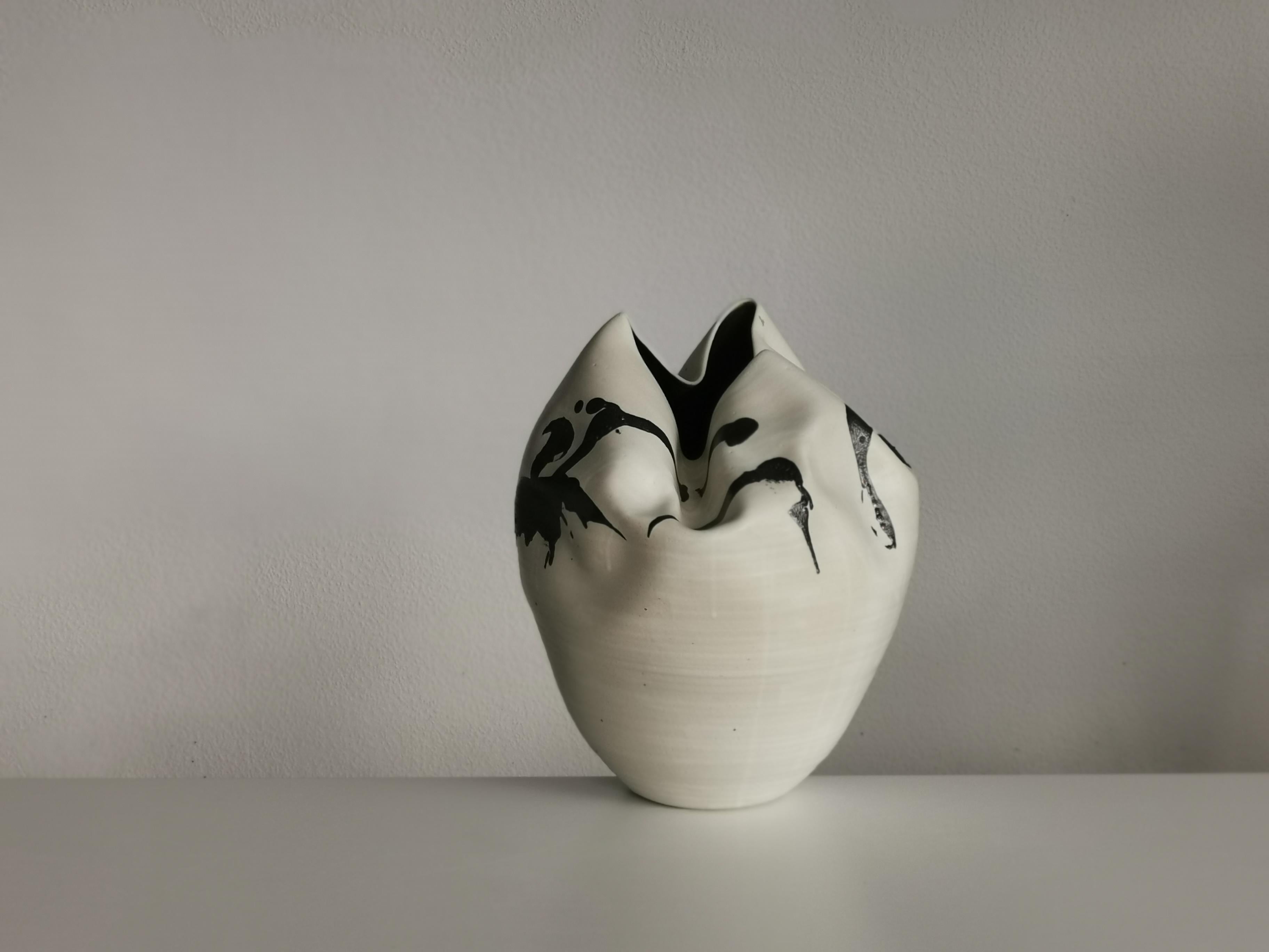 Contemporary White Undulating Form Expressive Markings, Unique Ceramic Sculpture Vessel N.79
