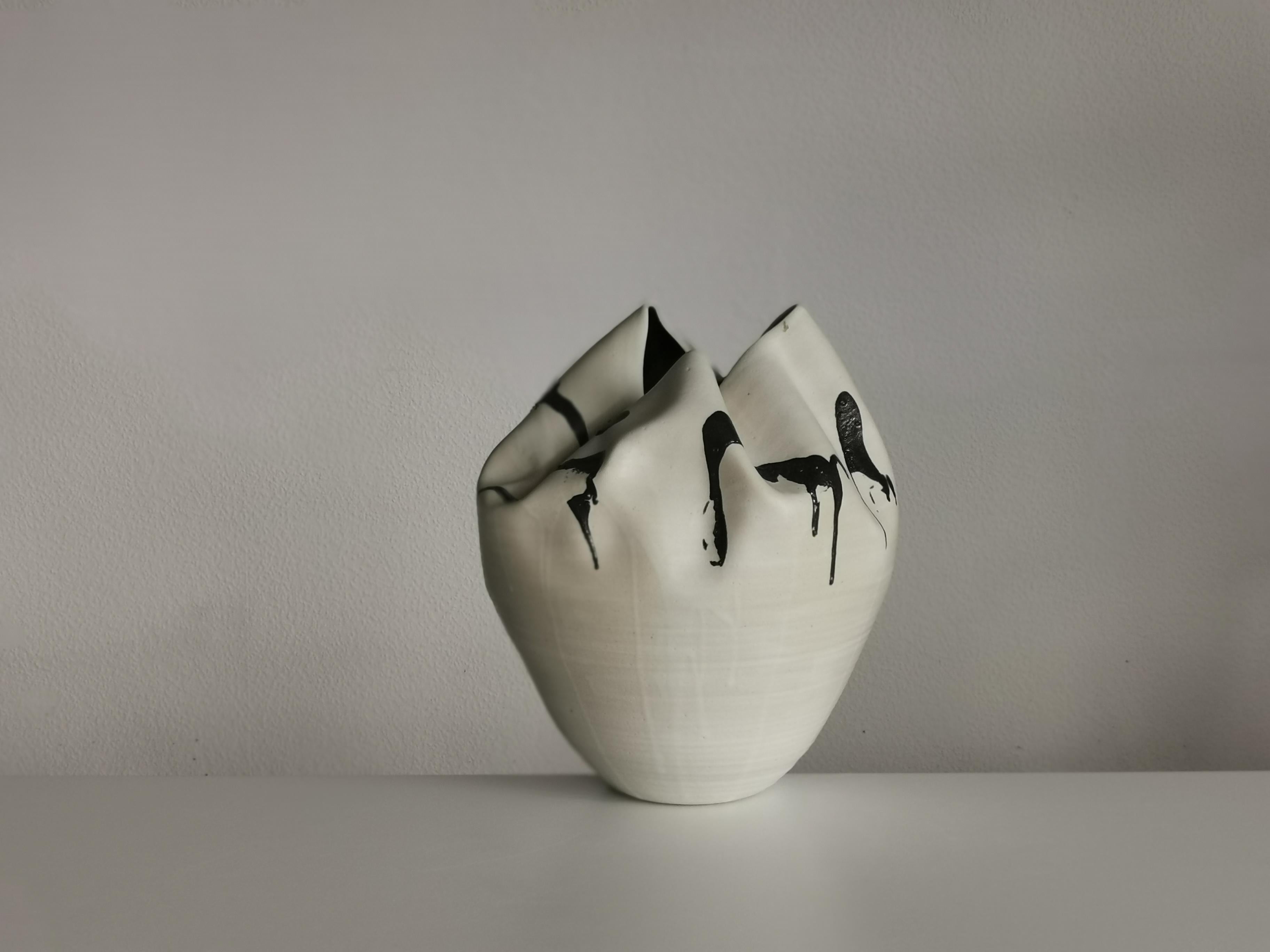Clay White Undulating Form Expressive Markings, Unique Ceramic Sculpture Vessel N.79