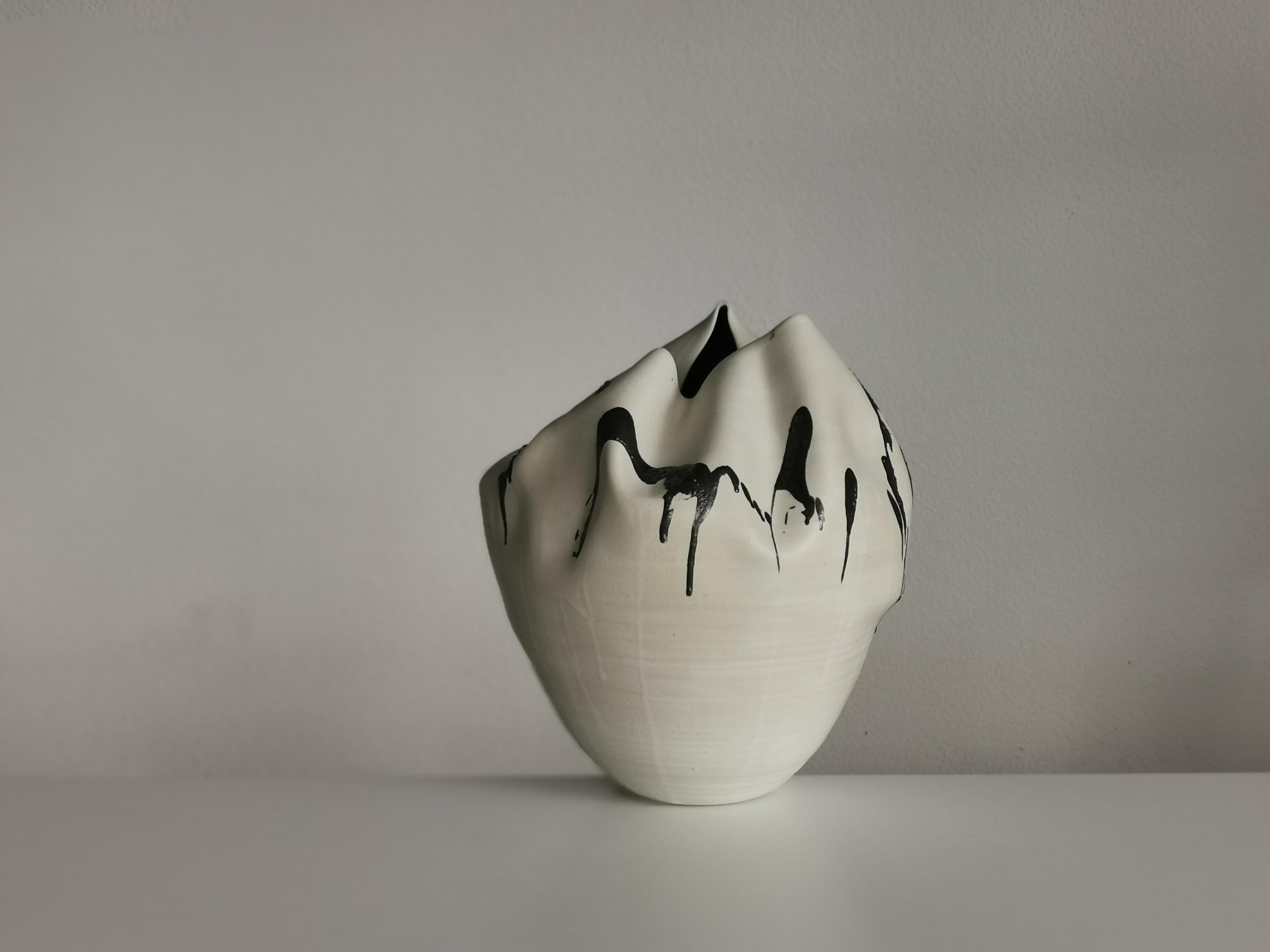 White Undulating Form Expressive Markings, Unique Ceramic Sculpture Vessel N.79 1