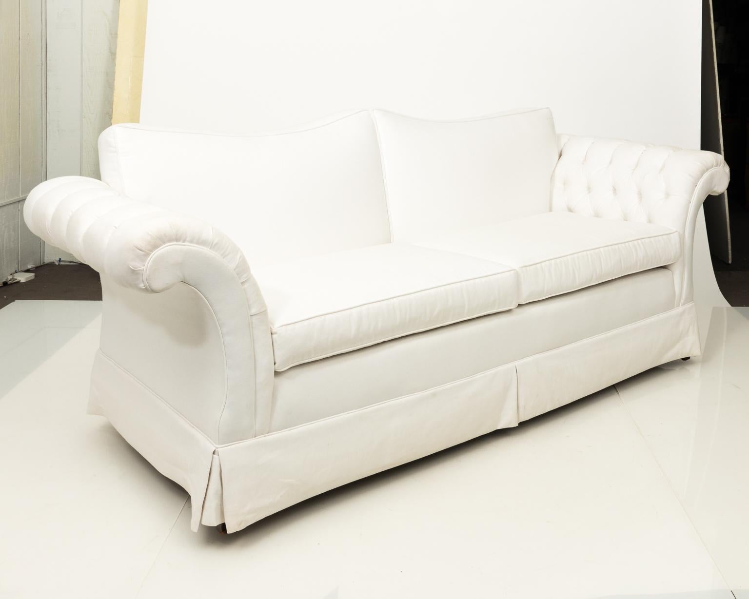 Linen White Upholstered Custom Made Two-Cushion Sofa