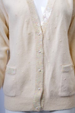 White V-neck Cardigan with Sequins and Pearls