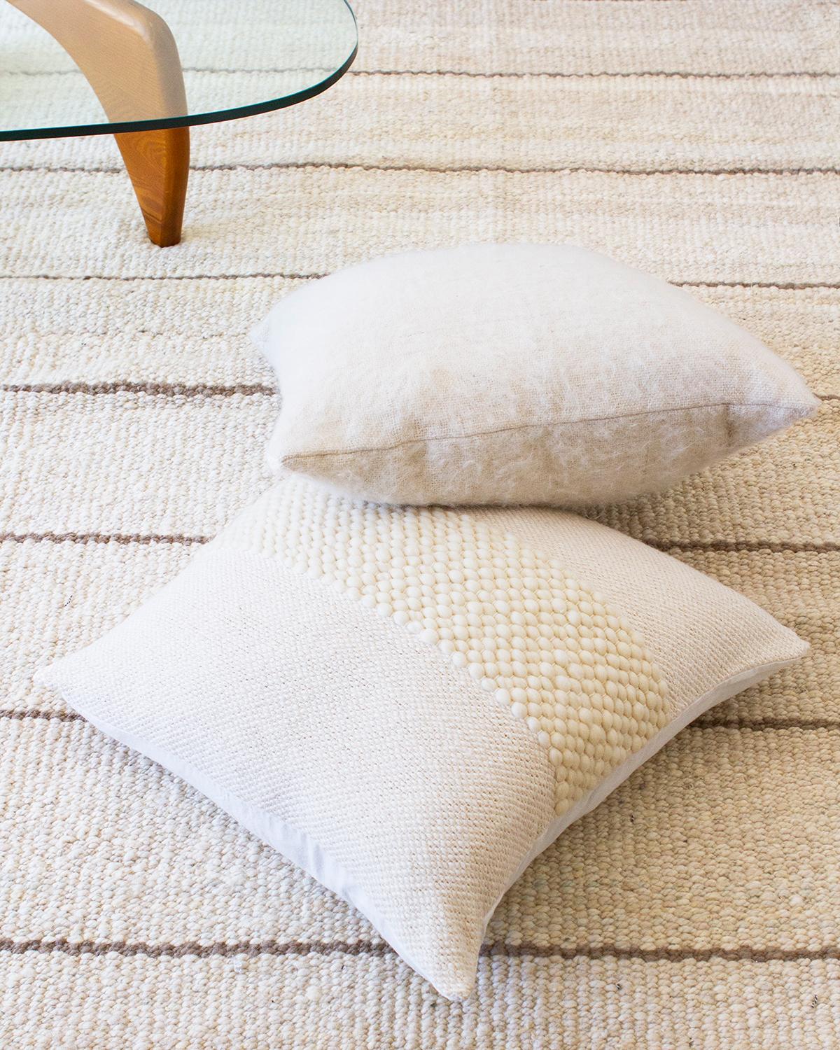 Organic Modern White Valle Cotton and Wool Handmade Throw Pillow For Sale