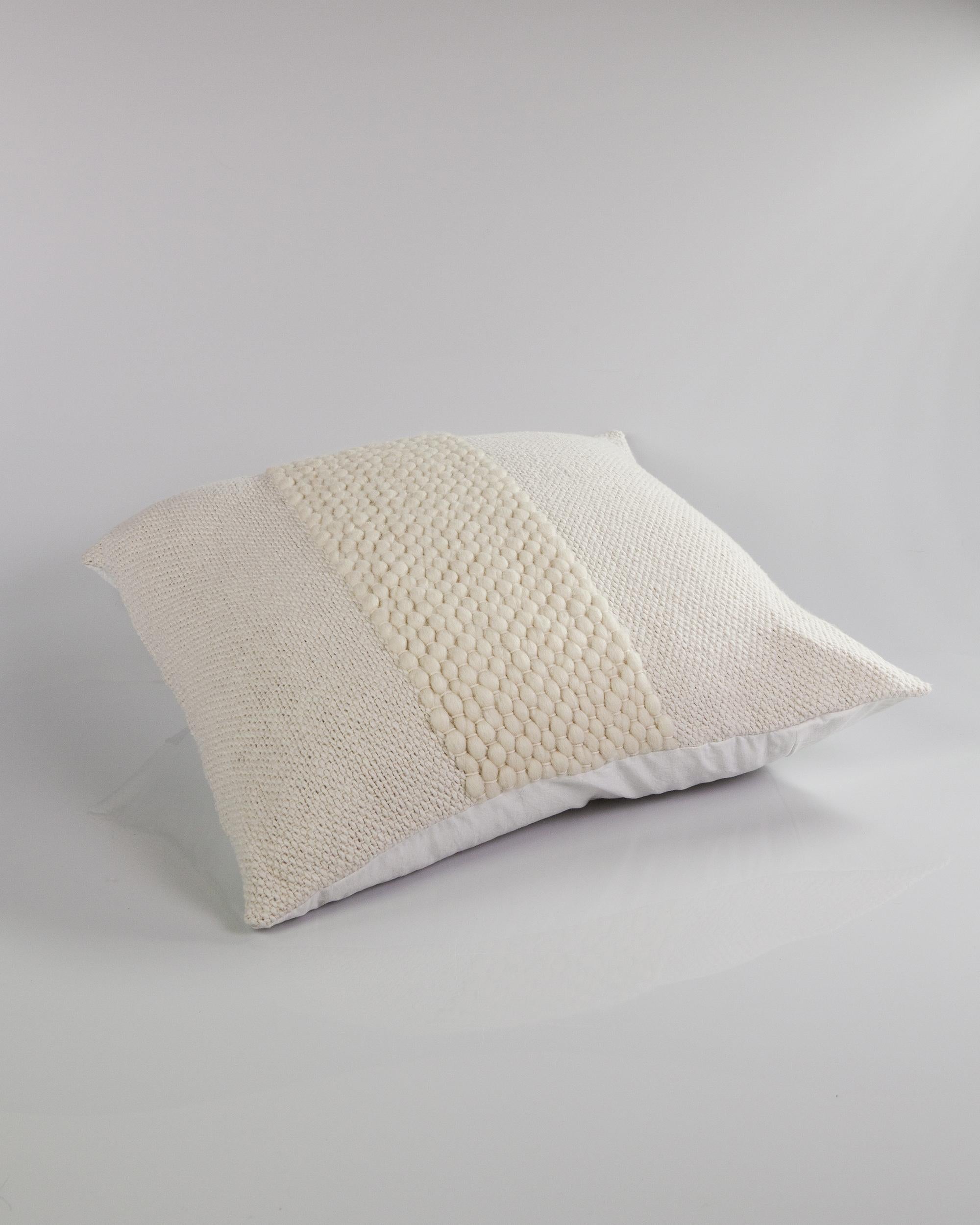 Hand-Woven White Valle Cotton and Wool Handmade Throw Pillow For Sale