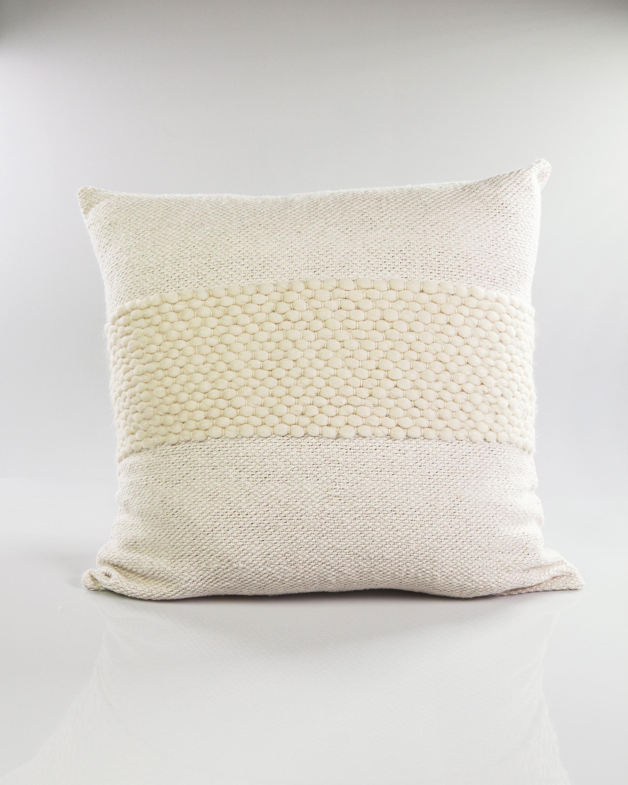 Contemporary White Valle Cotton and Wool Handmade Throw Pillow For Sale