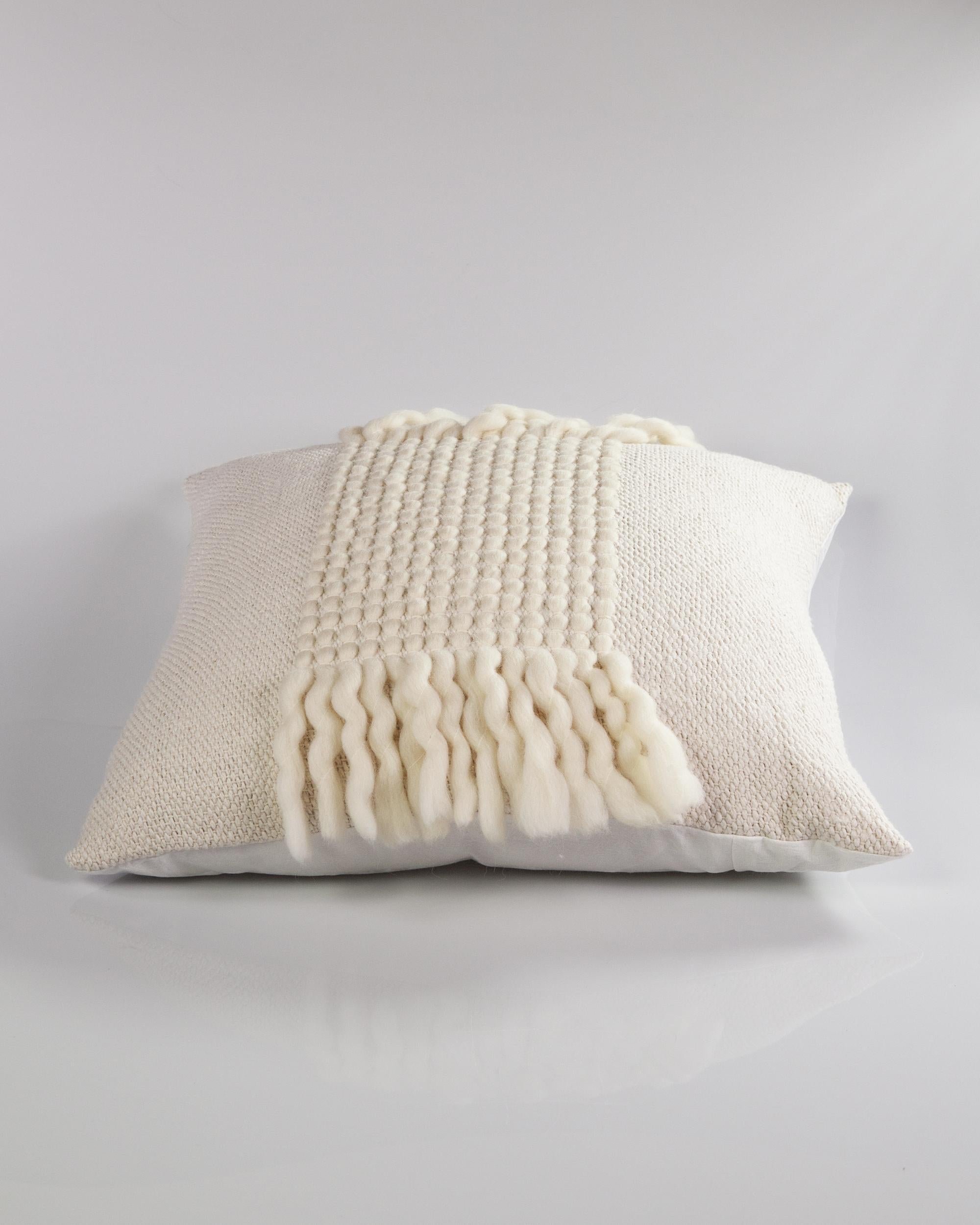 Argentine White Valle Cotton and Wool Handmade Throw Pillow with Fringe For Sale