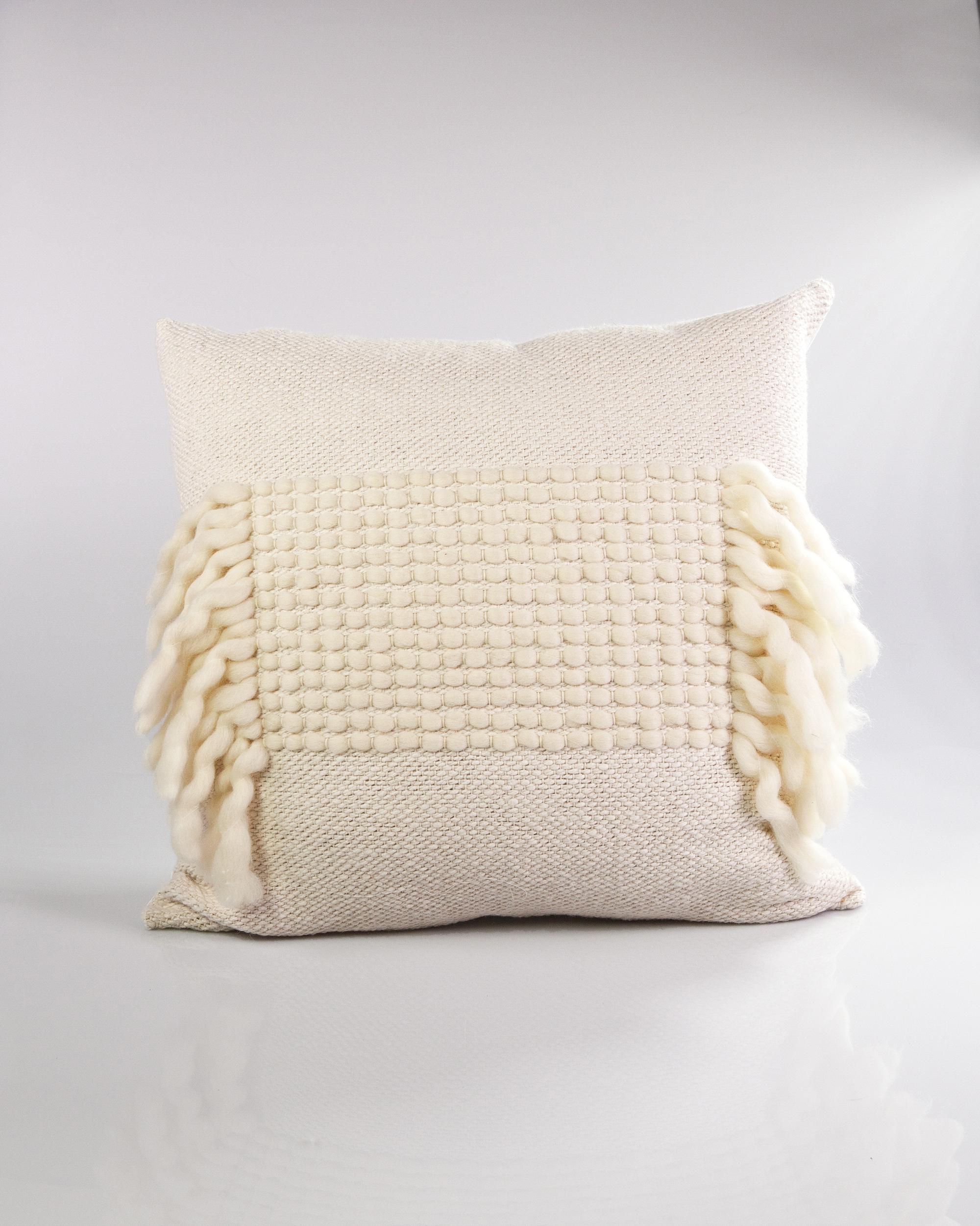 Hand-Woven White Valle Cotton and Wool Handmade Throw Pillow with Fringe For Sale