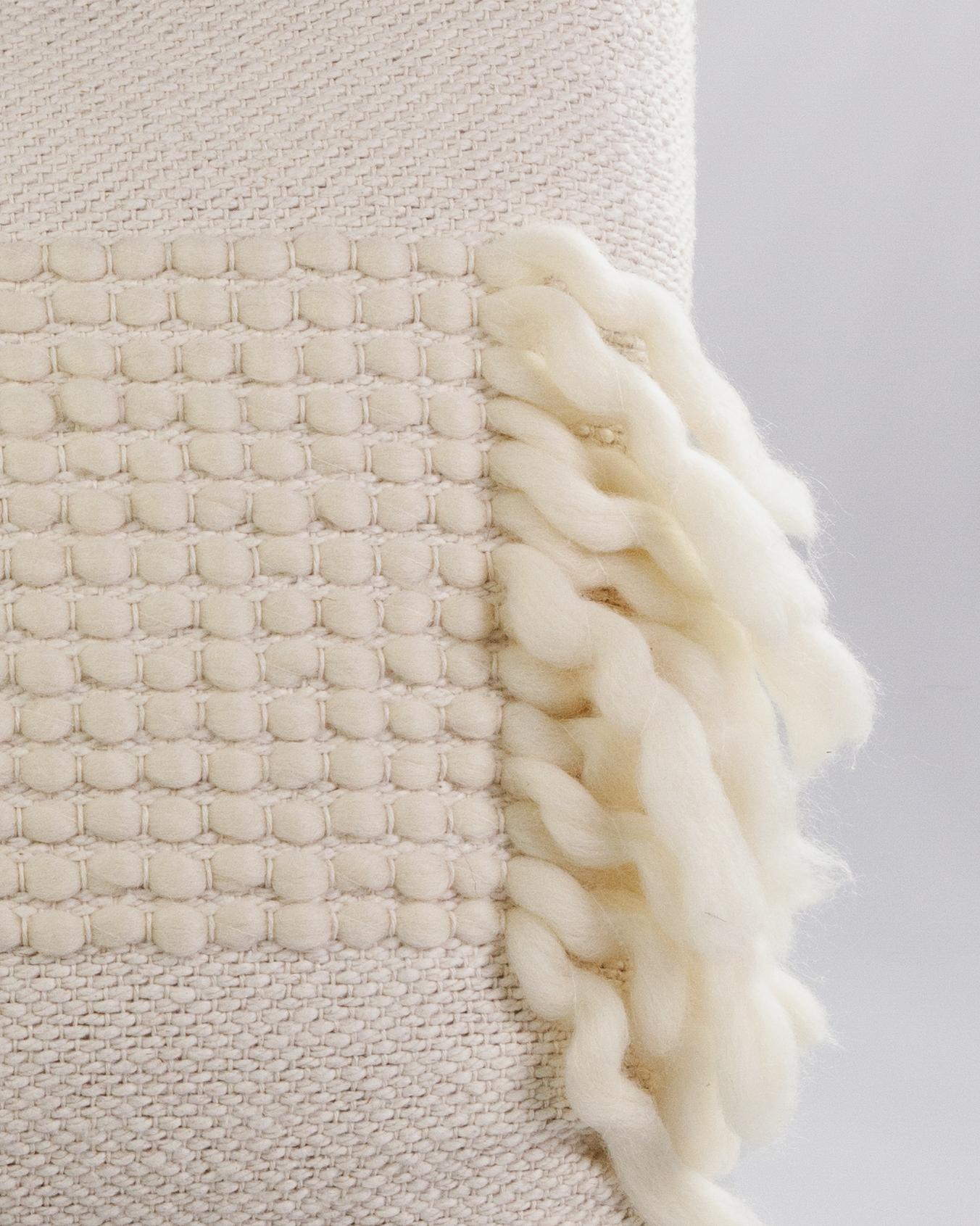 White Valle Cotton and Wool Handmade Throw Pillow with Fringe In New Condition For Sale In West Hollywood, CA