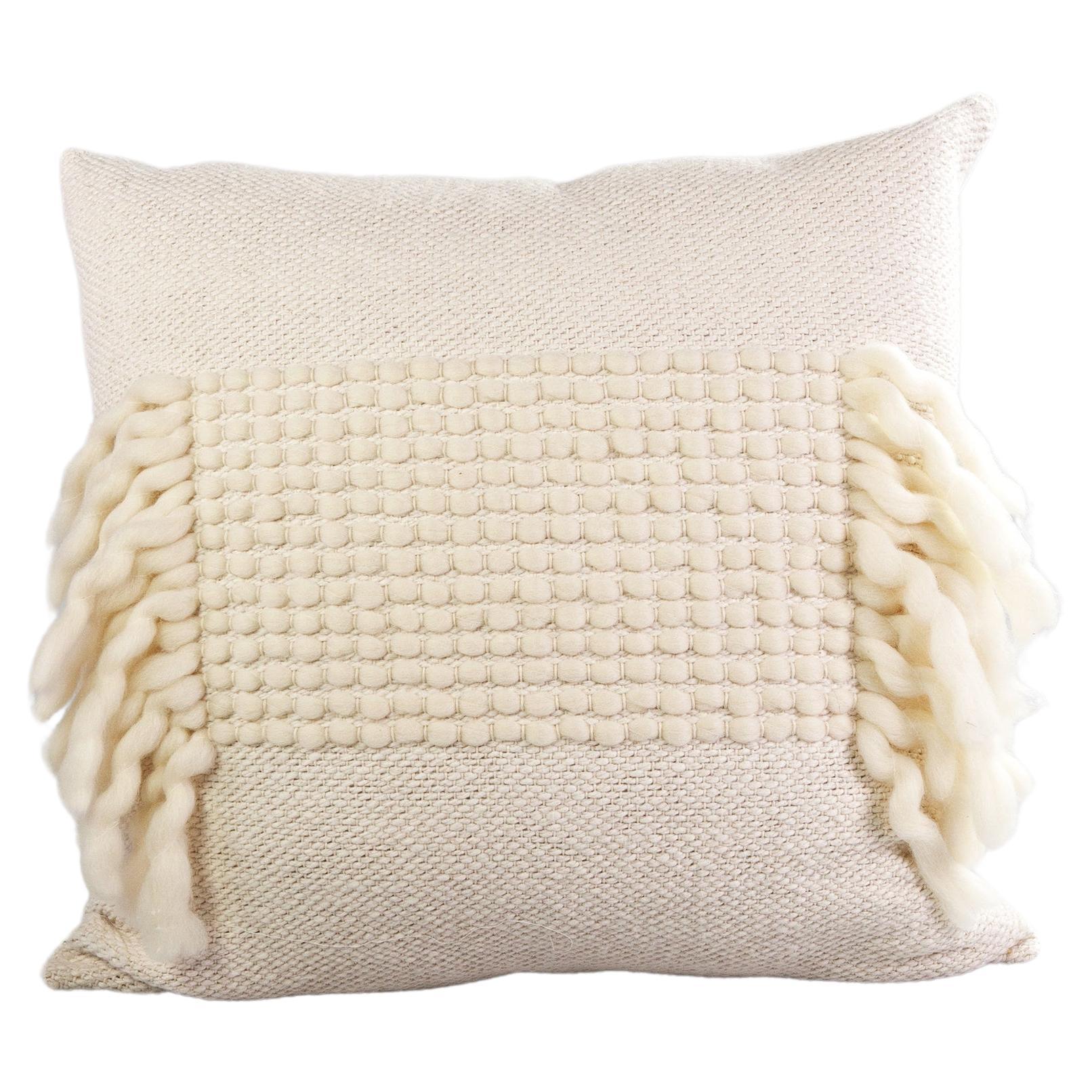 White Valle Cotton and Wool Handmade Throw Pillow with Fringe For Sale