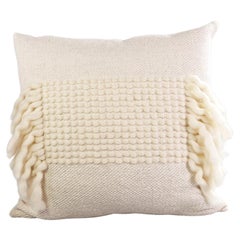 Used White Valle Cotton and Wool Handmade Throw Pillow with Fringe
