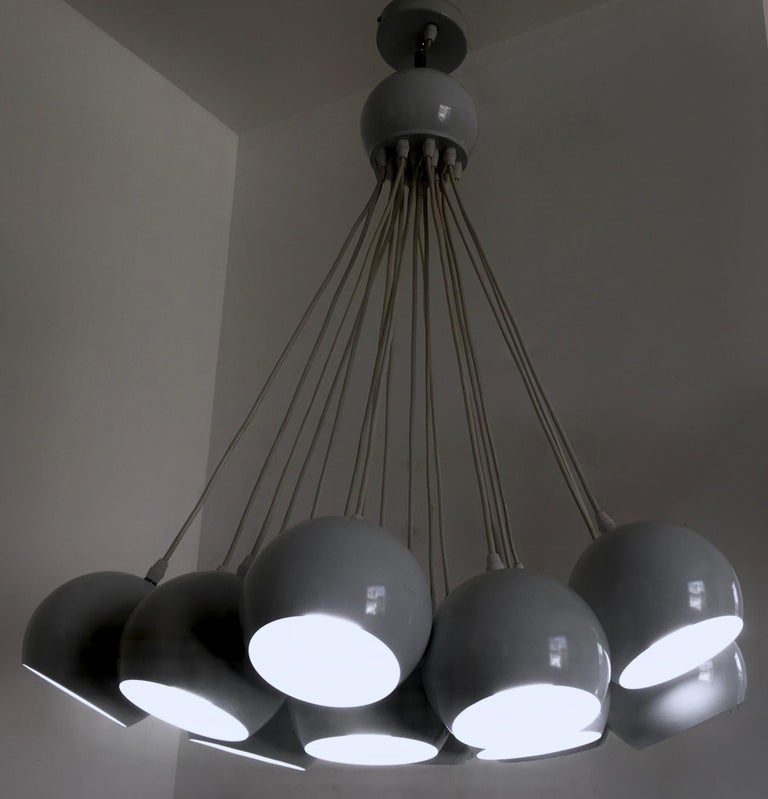 White Varnished Metal Chandelier with Lampshades, Italy, 1980s