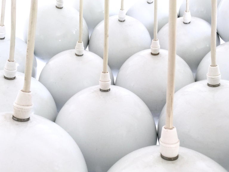 White Varnished Metal Chandelier with Lampshades, Italy, 1980s