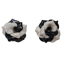 White Veined and Black Camelia Polymer  Earrings with golplated silver closure