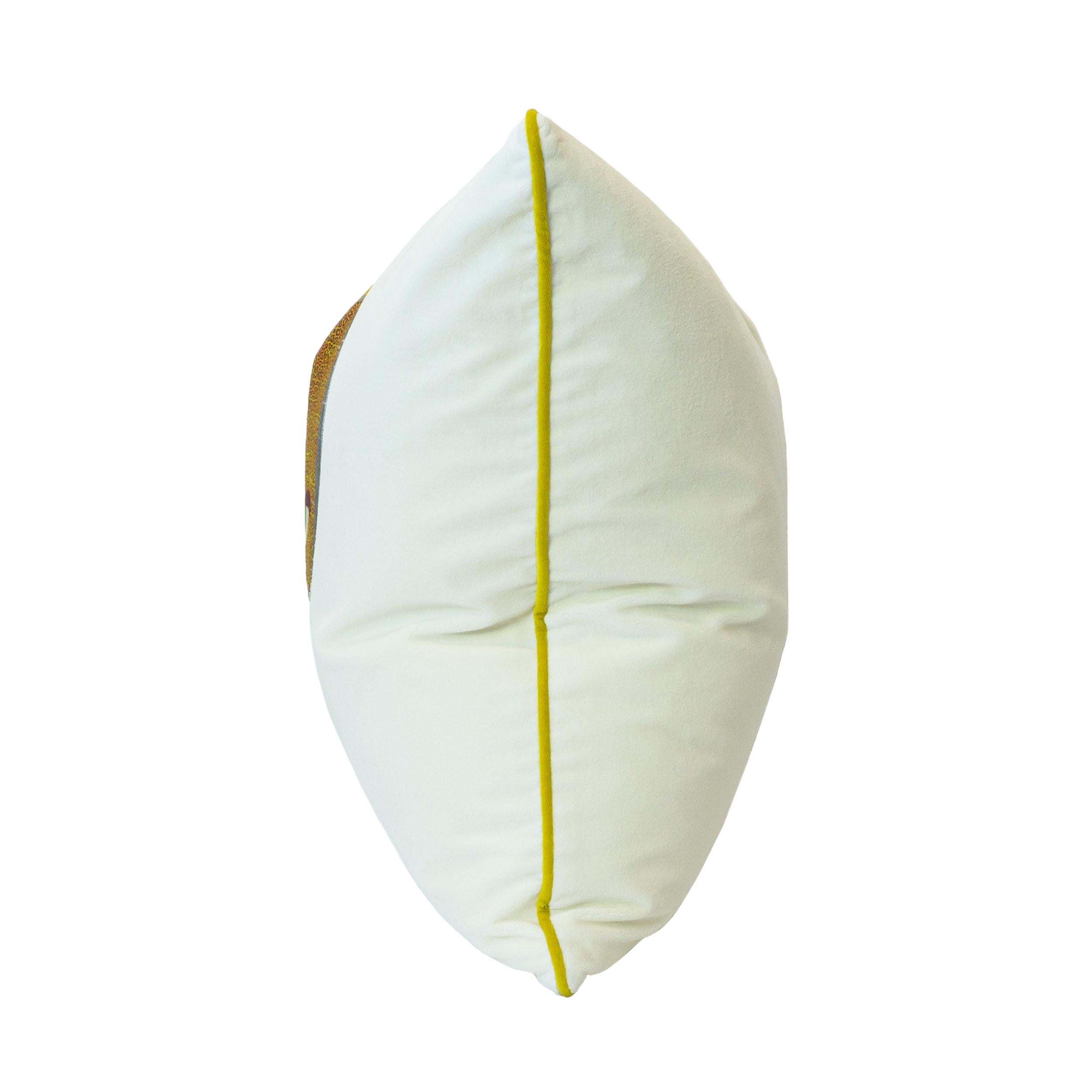 American White Velvet Fabric Animal Mask Linen Yellow Trim Square Pillows For Sale