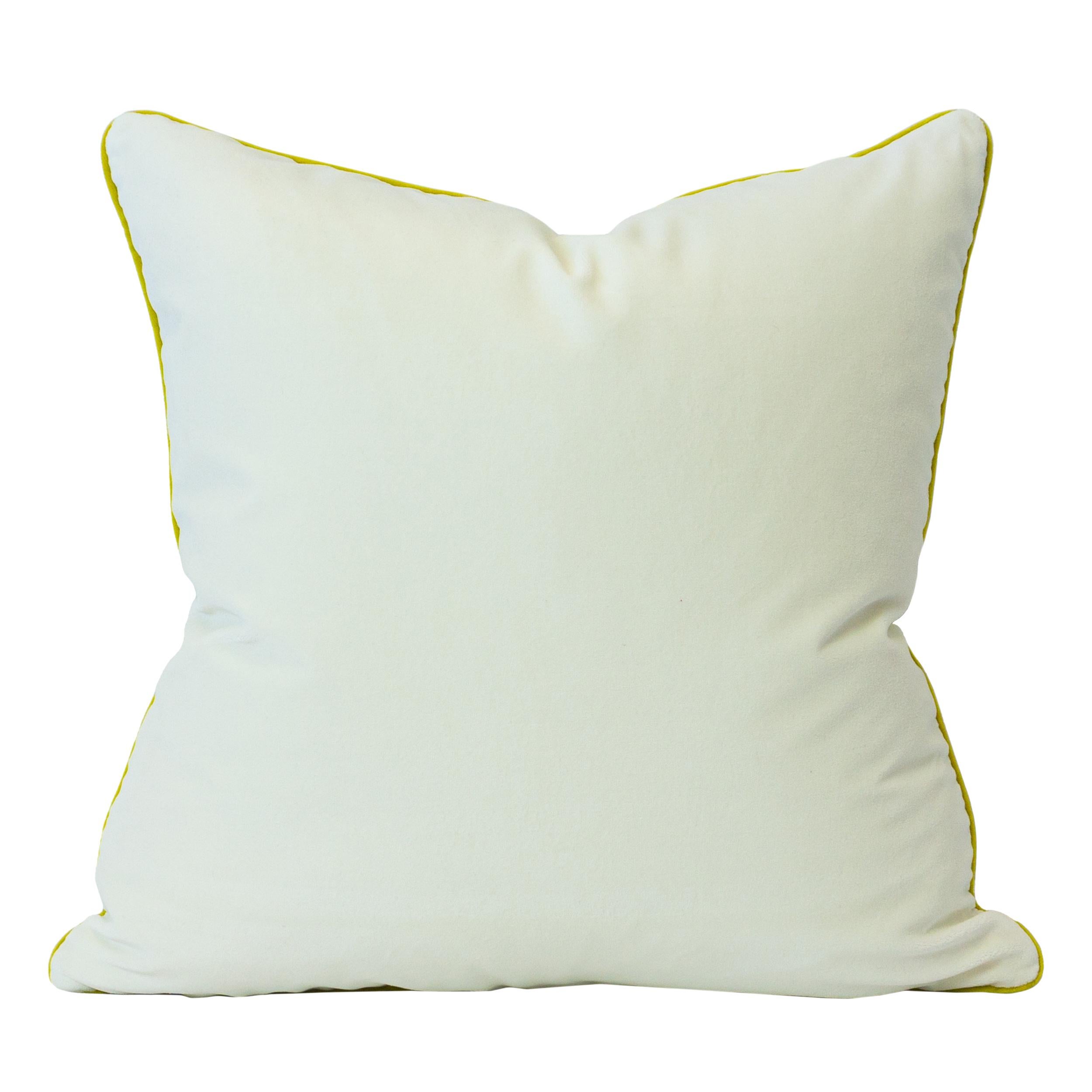 White Velvet Fabric Animal Mask Linen Yellow Trim Square Pillows In New Condition For Sale In Greenwich, CT