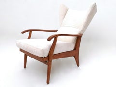 Vintage Reclining Armchair with Cherry Frame and White Velvet Upholstery, Italy