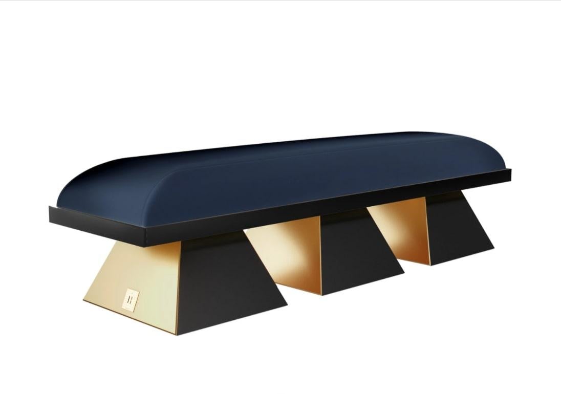 Portuguese Modern White Velvet Upholstered Bench with Black Wenge Legs Gold Stainless Steel For Sale