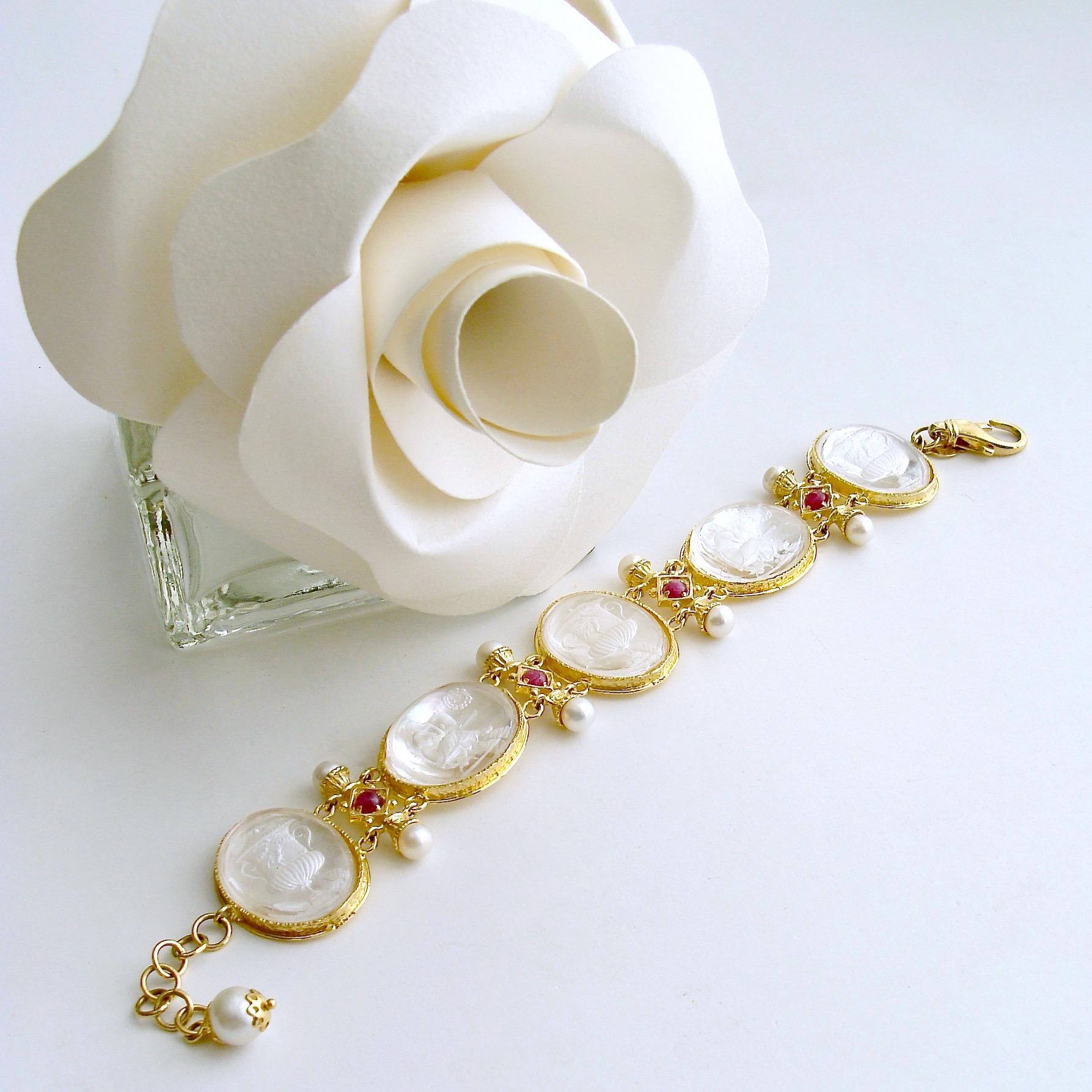 Neoclassical White Venetian Glass Intaglios Pearls Rubies Mop Bracelet, Varenna Bracelet