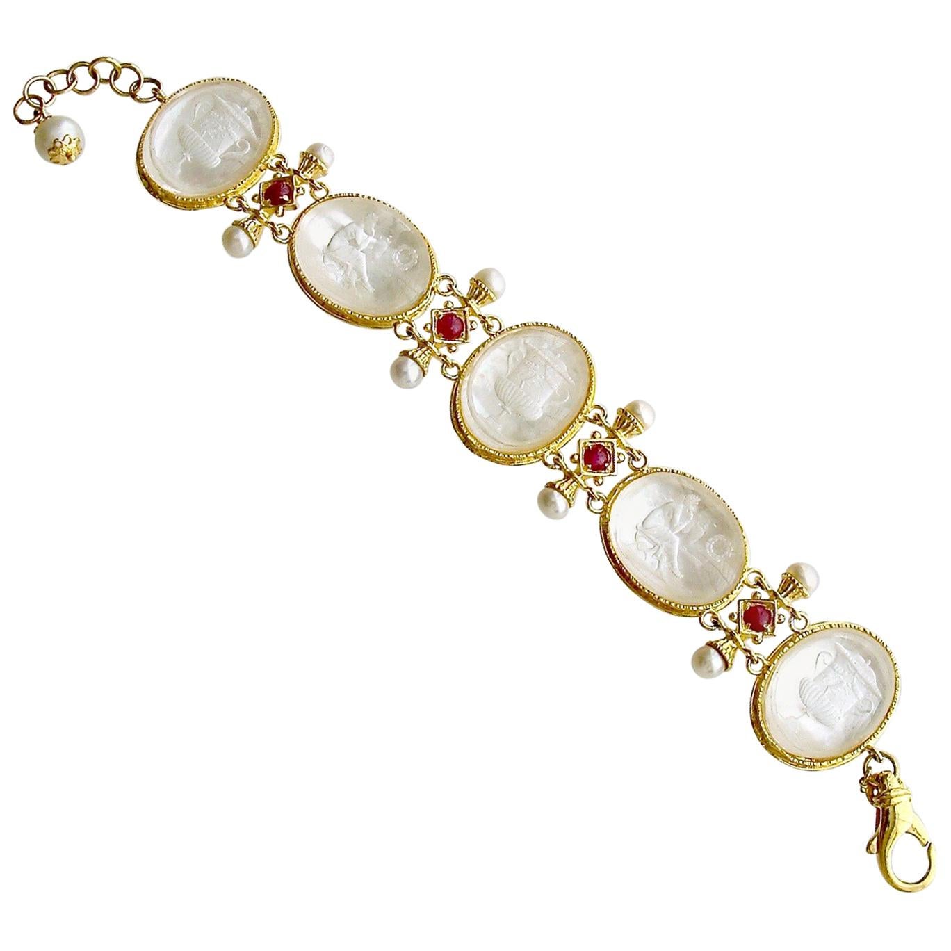 White Venetian Glass Intaglios Pearls Rubies Mop Bracelet, Varenna Bracelet