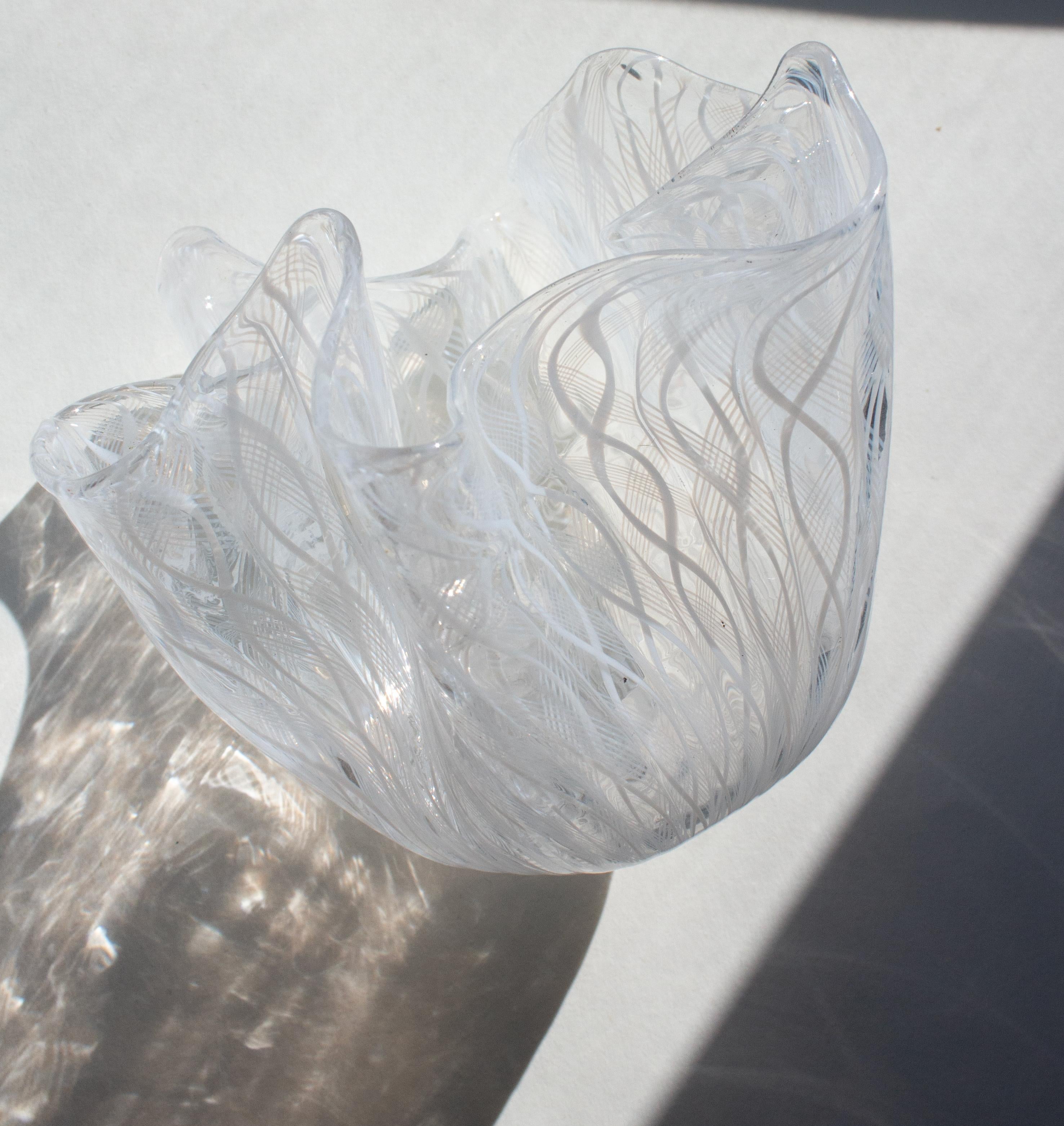 Hand-Crafted White Venini Handkerchief Bowl, Zanfirico Filigree Glass, Venini Murano For Sale