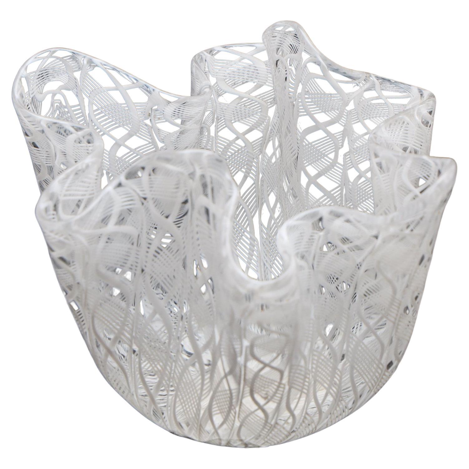 White Venini Handkerchief Bowl, Zanfirico Filigree Glass, Venini Murano For Sale