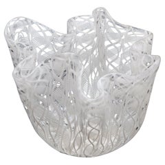 White Venini Handkerchief Bowl, Zanfirico Filigree Glass, Venini Murano