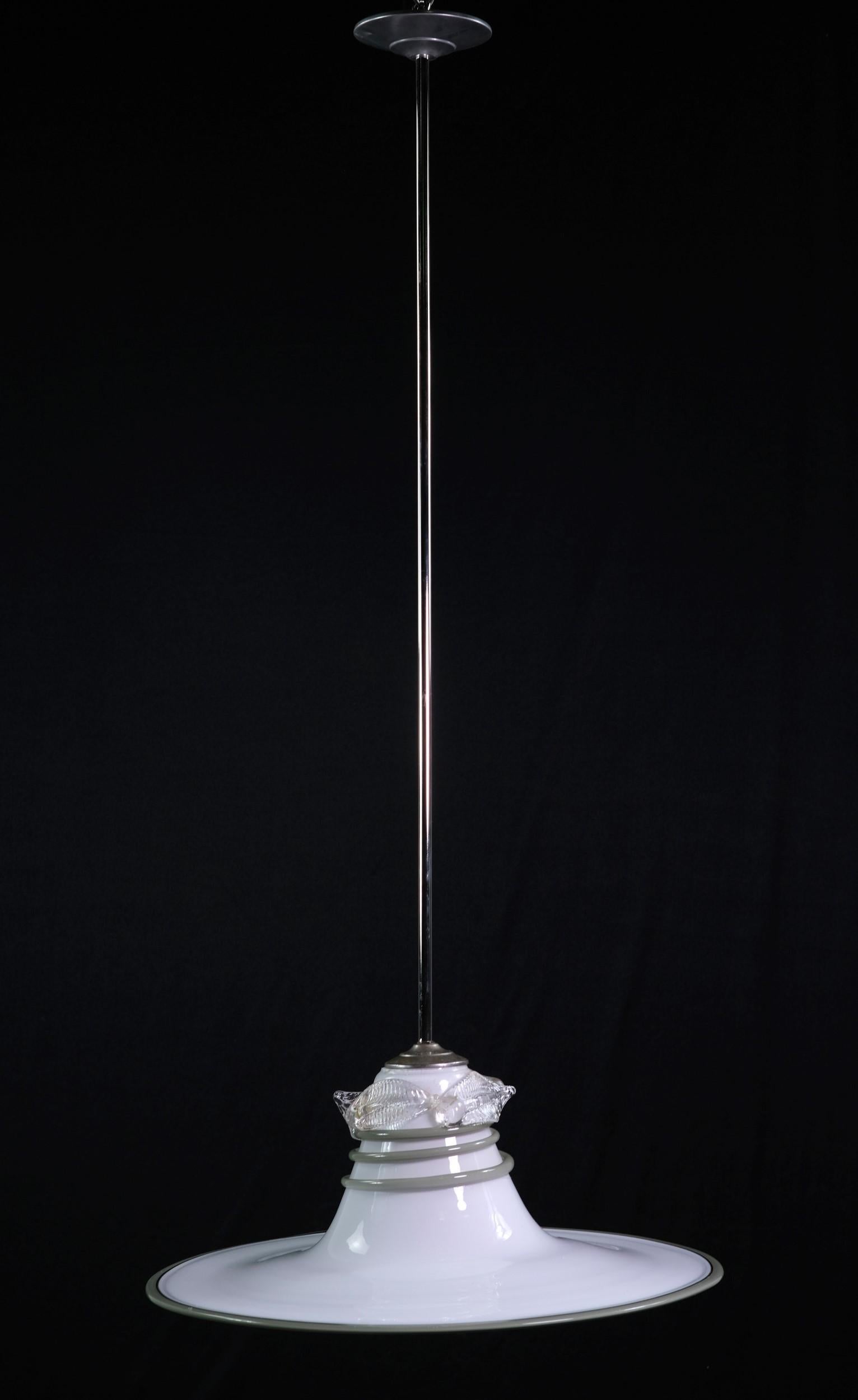 1980s Italian multicolor white, gray, and clear Vetri Murano glass pendant light with coil and leaf detail. Murano shade is hand made and hand worked. New nickel plated pole and canopy hardware. This can be seen at our 400 Gilligan St location in