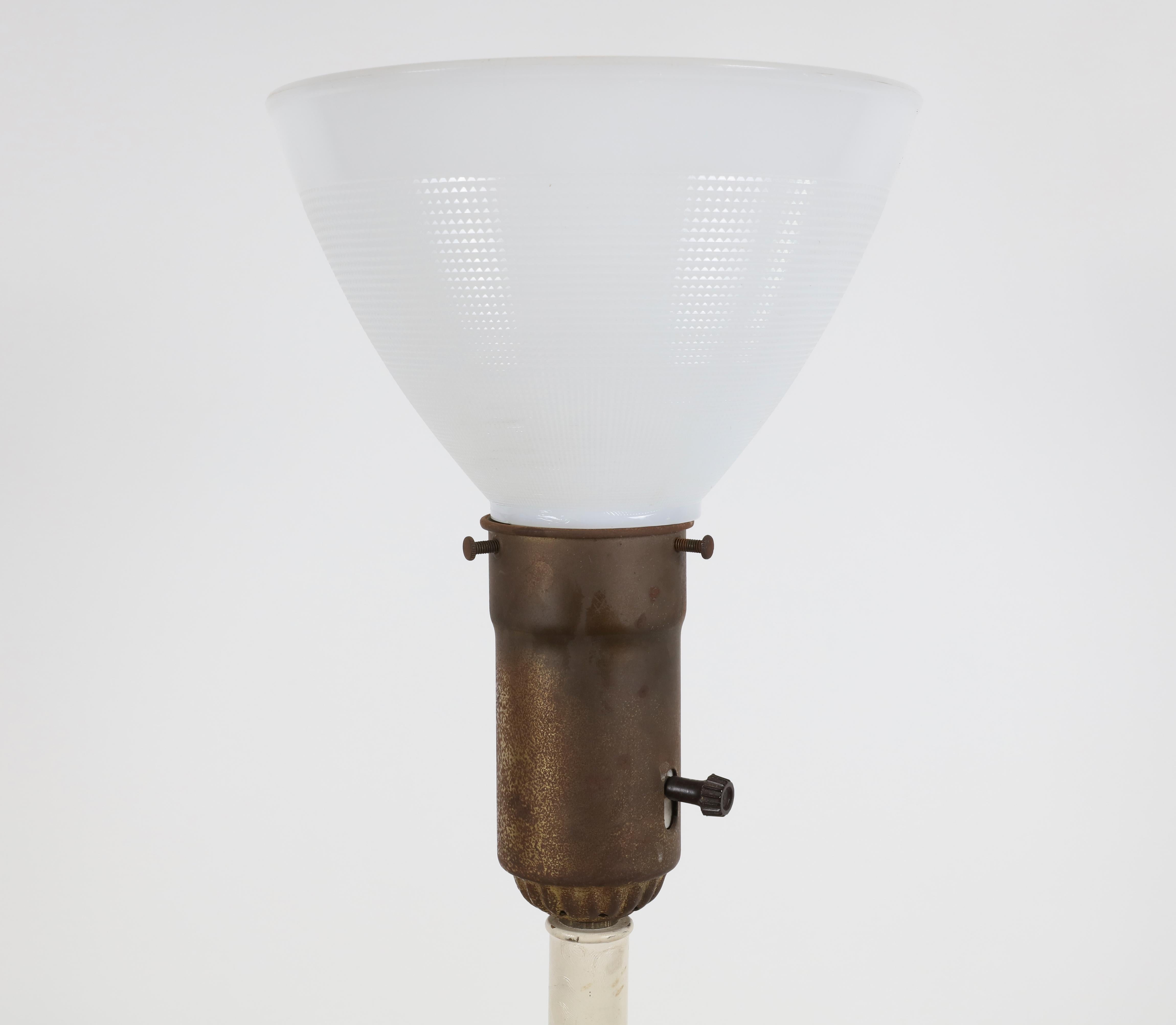 White Vintage Ceramic Lamp with Glass Shade In Good Condition In Bridgehampton, NY