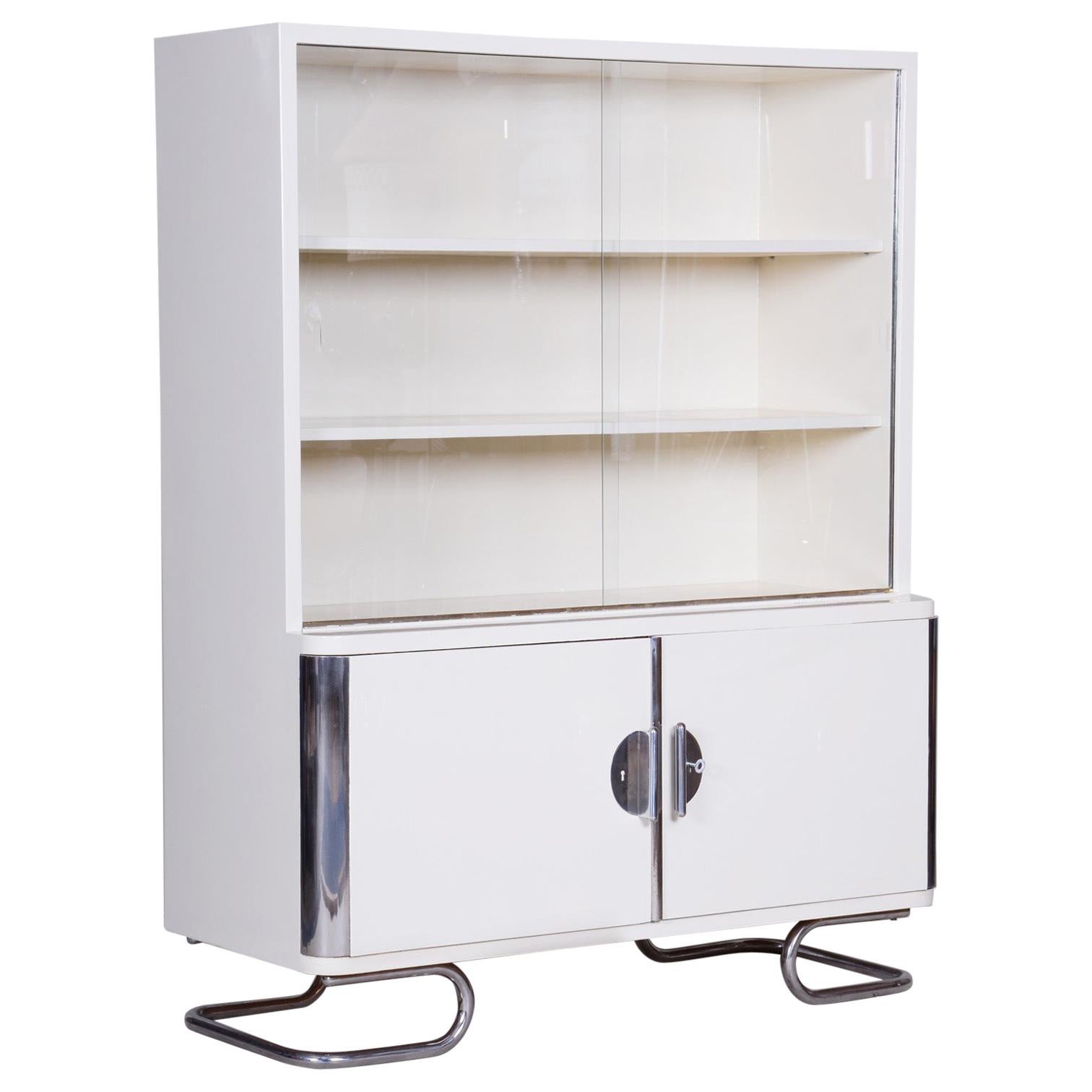 White Vintage Chrome Bauhaus Bookcase Manufactured by Vichr and Spol, 1930s