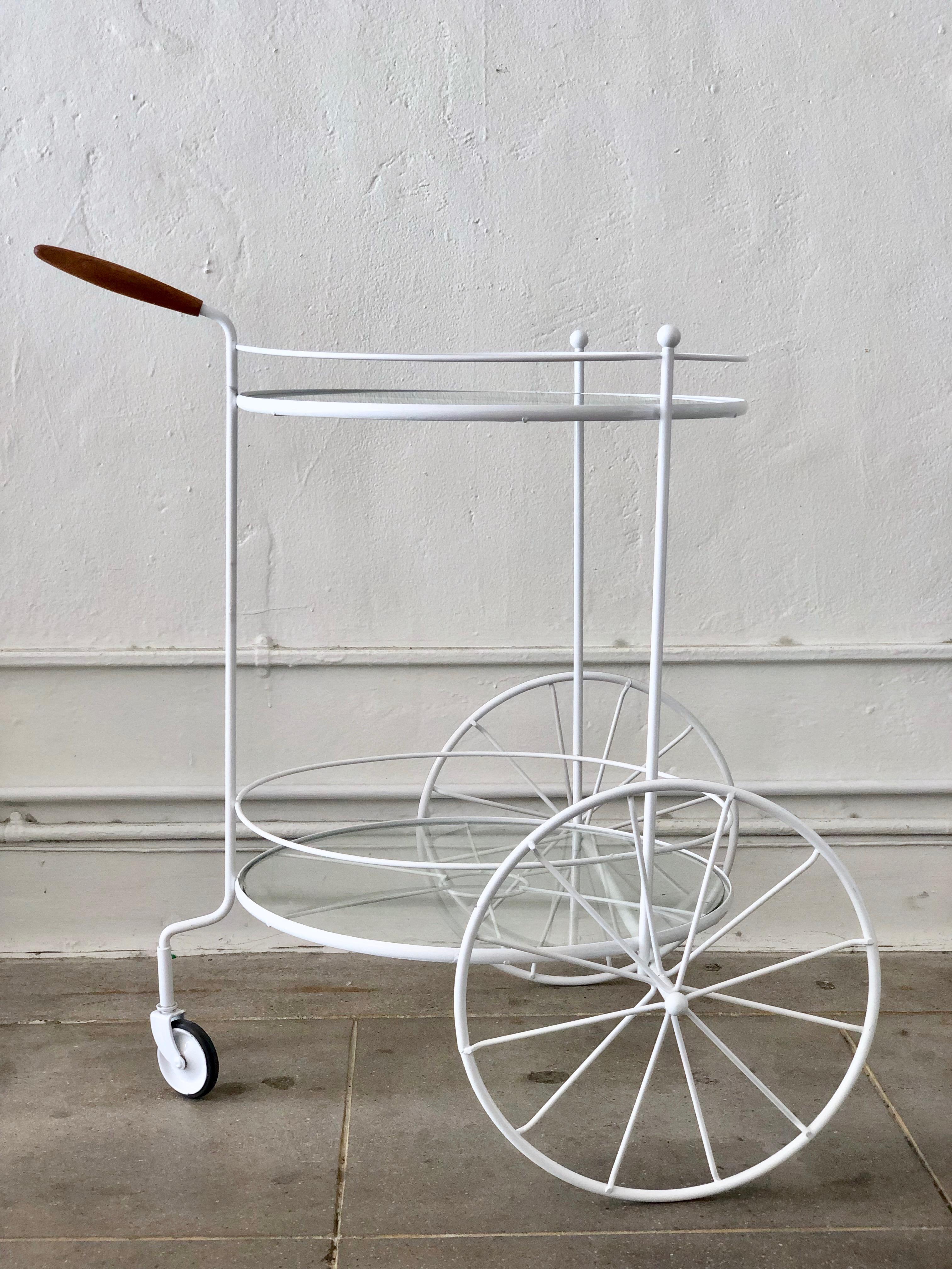Mid-Century Modern White Vintage Indoor Outdoor Patio Bar Cart with Wooden Handle  For Sale
