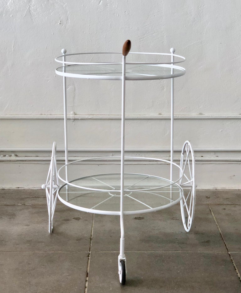 White Vintage Indoor Outdoor Patio Bar Cart with Wooden Handle For Sale