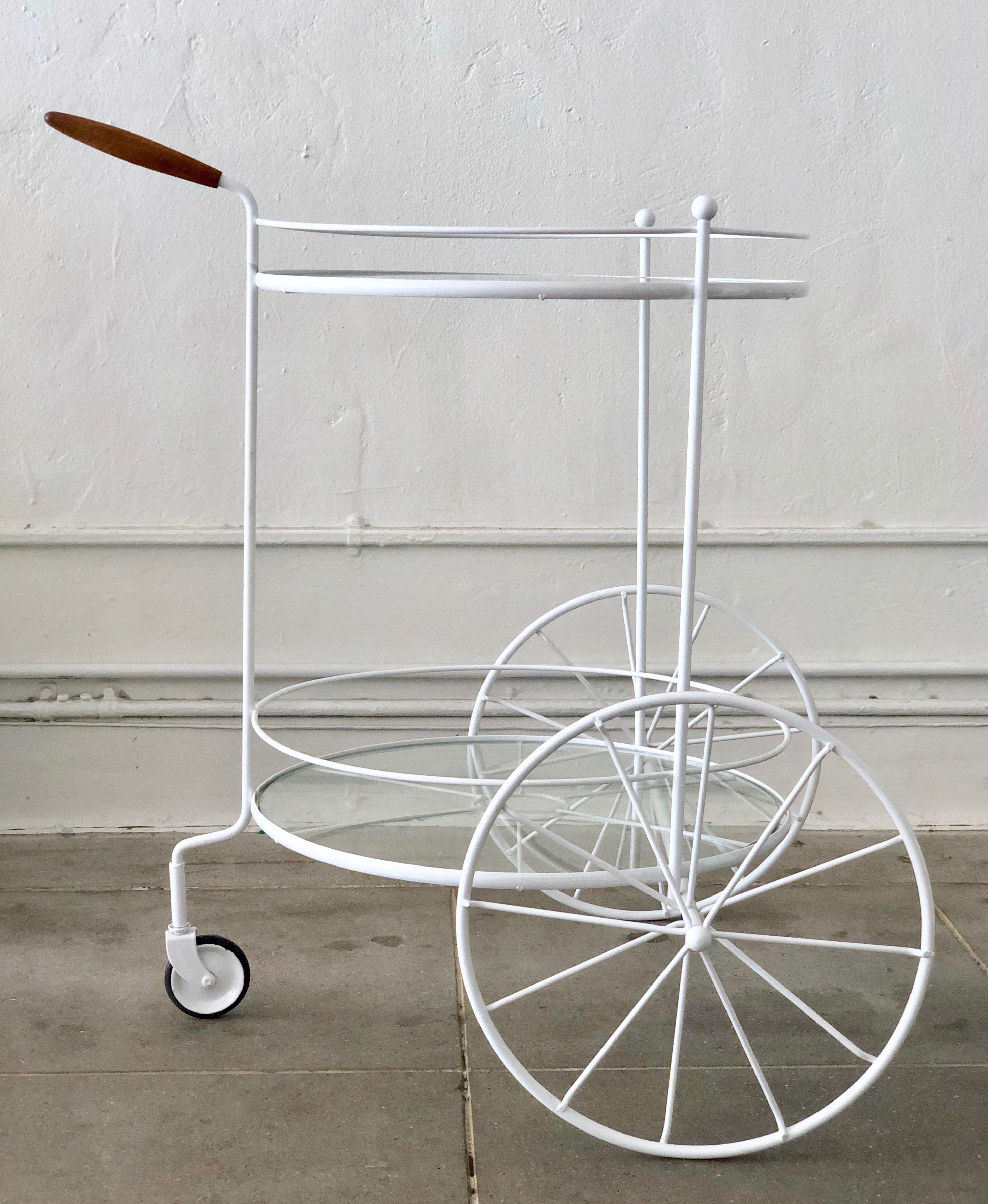 Powder-Coated White Vintage Indoor Outdoor Patio Bar Cart with Wooden Handle  For Sale