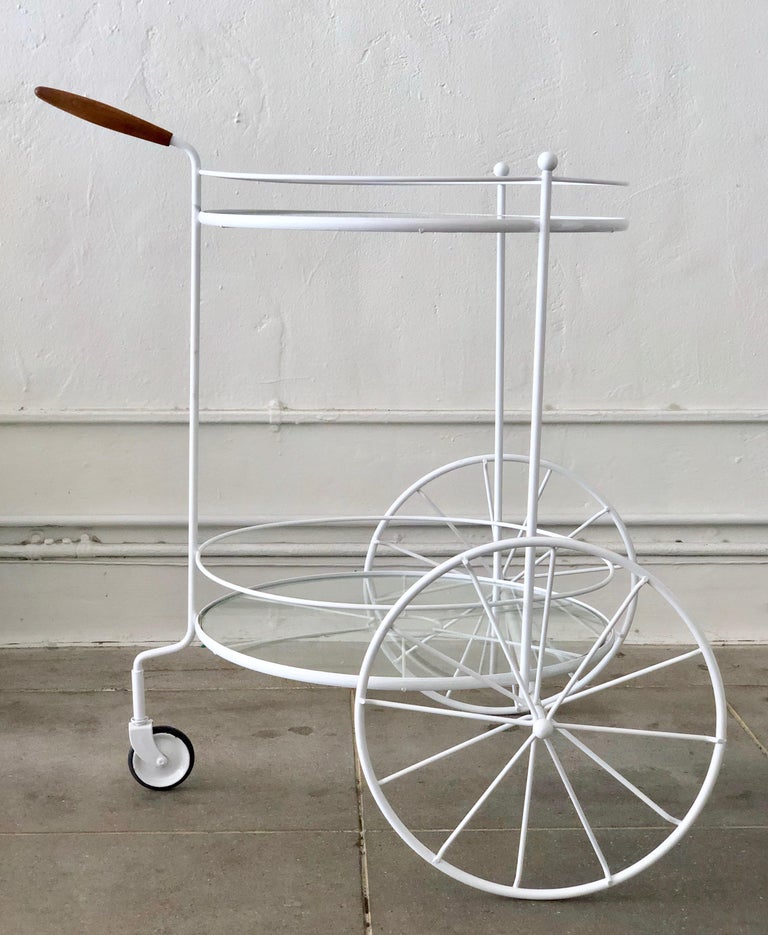 White Vintage Indoor Outdoor Patio Bar Cart with Wooden Handle For Sale