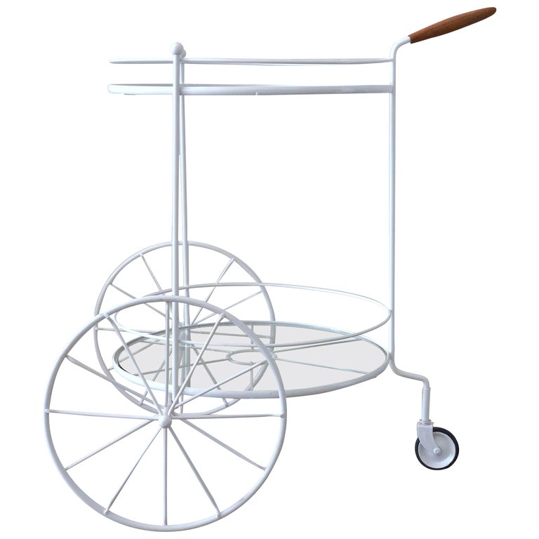 White Vintage Indoor Outdoor Patio Bar Cart with Wooden Handle For Sale