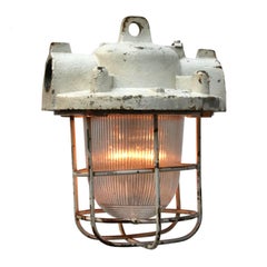 White Vintage Industrial Cast Iron Holophane Glass Cage Hanging Lamp 