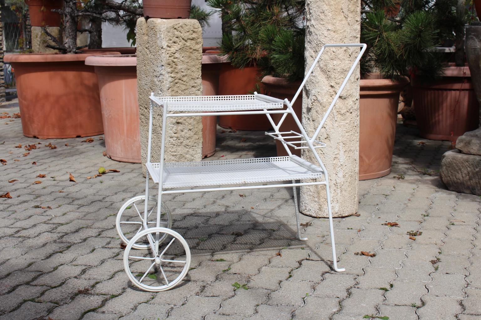 Mid-Century Modern White Vintage Metal Bar Cart Style Mathieu Mategot, circa 1960 France For Sale