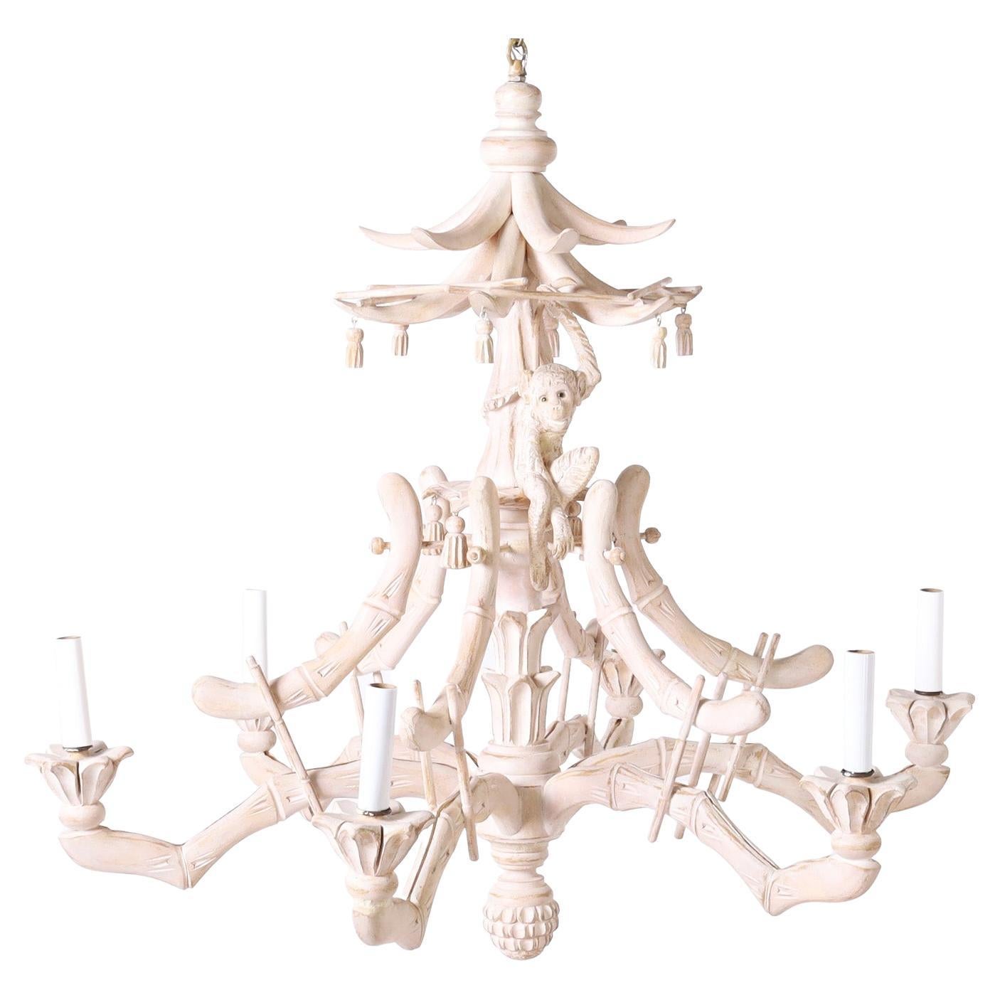 White Vintage Pagoda Form Chandelier with Monkey For Sale