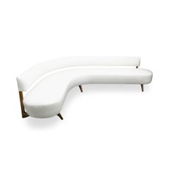 White Vinyl Curved Floating Back Sofa with Walnut-Stained Maple Legs, Custom