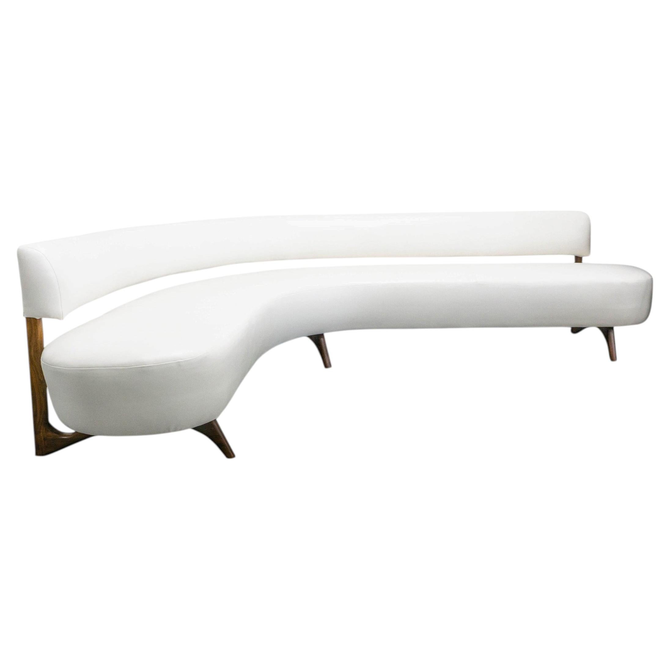 White Vinyl Curved Floating Back Sofa with Walnut-Stained Maple Legs, Custom