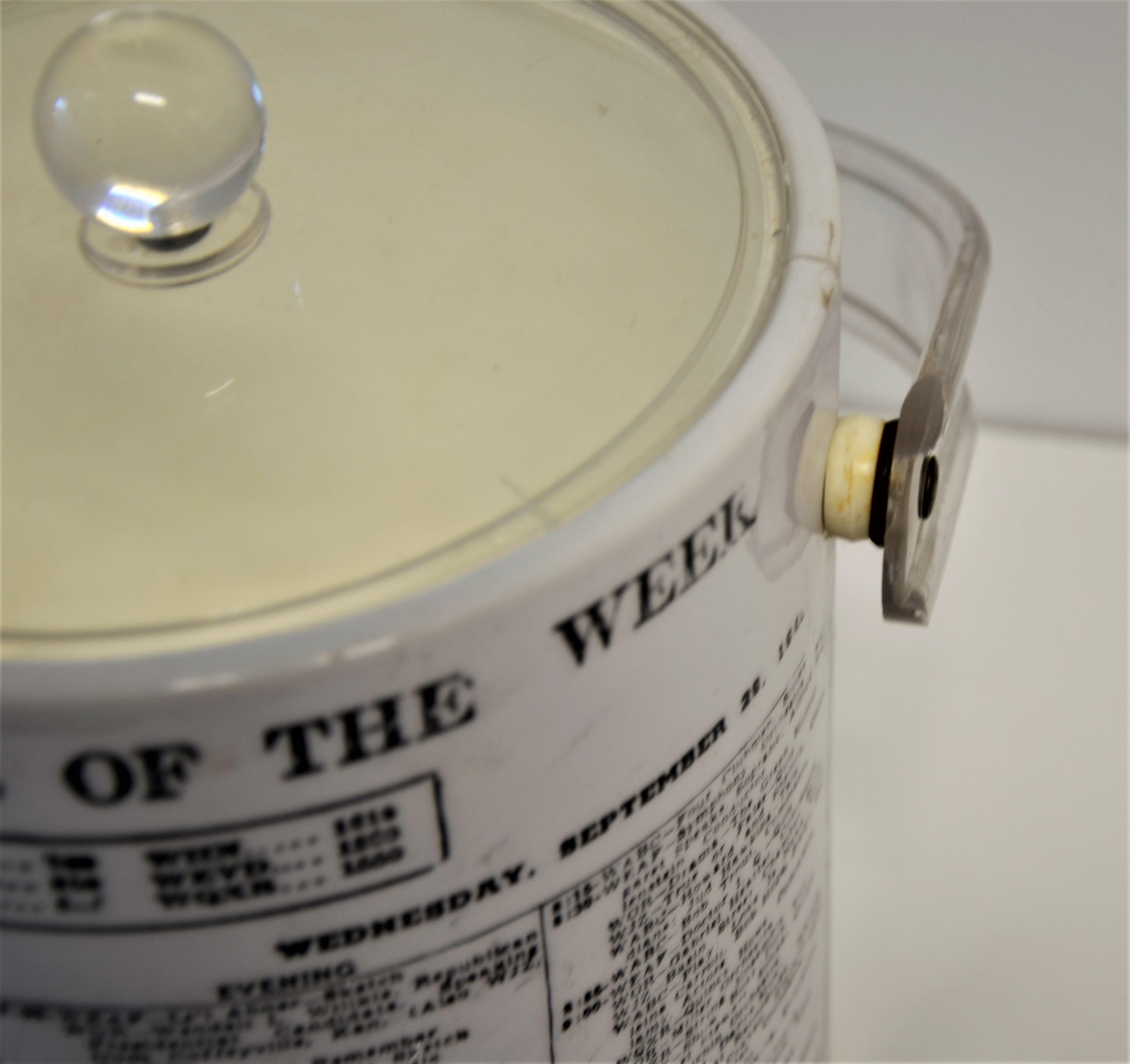 White Vinyl Ice Bucket with Lucite Lid & Tongs with Black Newspaper Print Theme For Sale 3