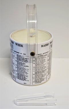 White Vinyl Ice Bucket with Lucite Lid & Tongs with Black Newspaper Print Theme