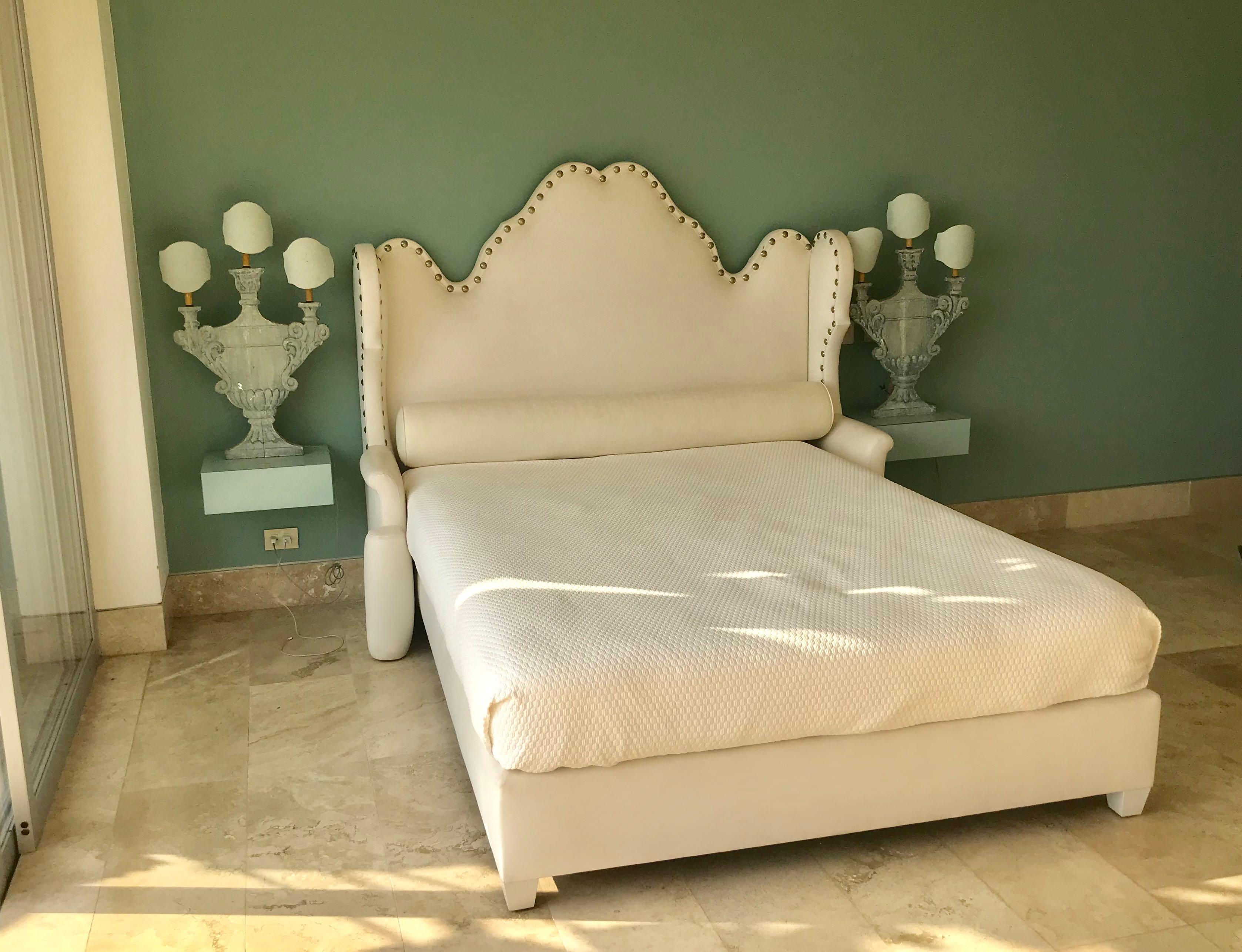 White Vinyl Queen Size Decorative Headboard and Platform Bed, 21st Century In Good Condition In New York, NY