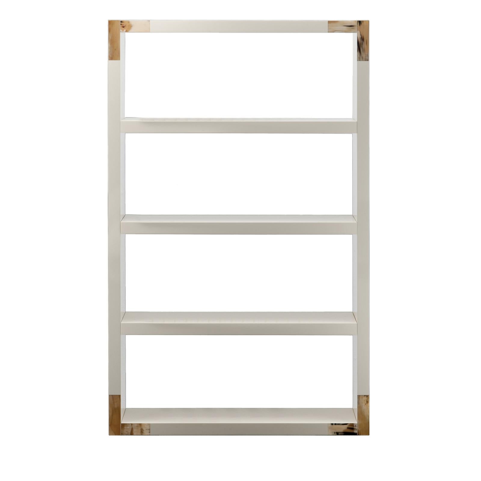 Simple yet sophisticated, this modern bookcase is made of wood with an ivory lacquered finish and details with an L-shaped natural horn accent on each corner. Displayed solo or lined up with a twin in the living room or office, it will provide a